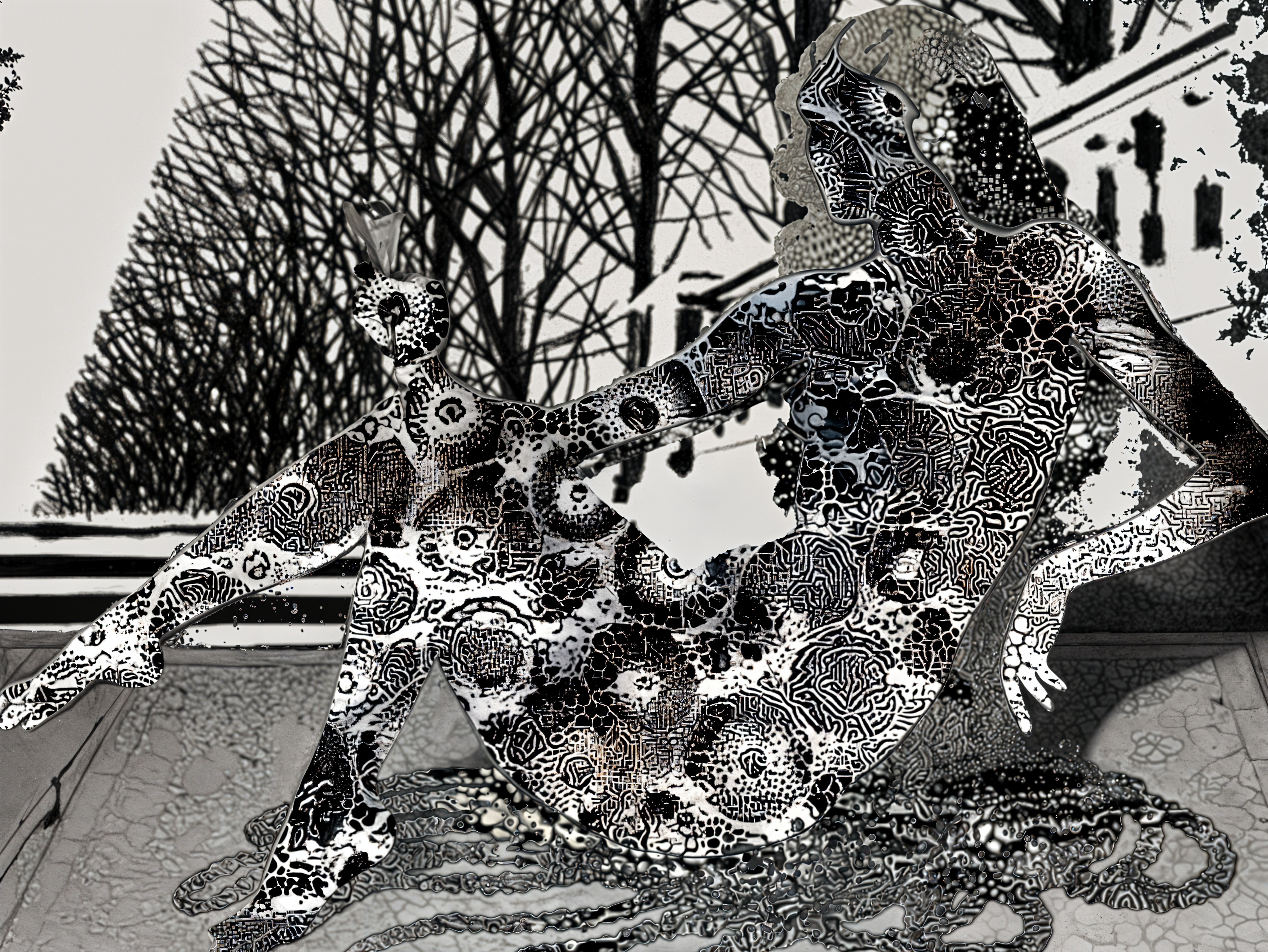 Stylized Reclining Woman with Floral and Abstract Patterns