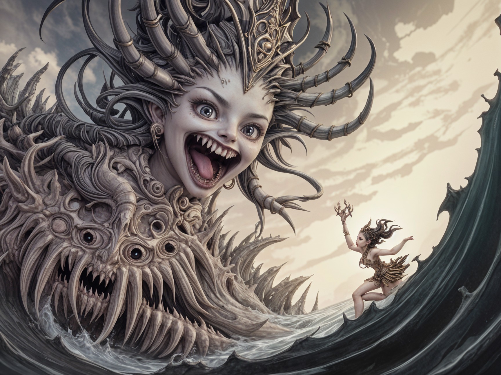 Colossal Sea Creature Faces Small Warrior in Stormy Scene