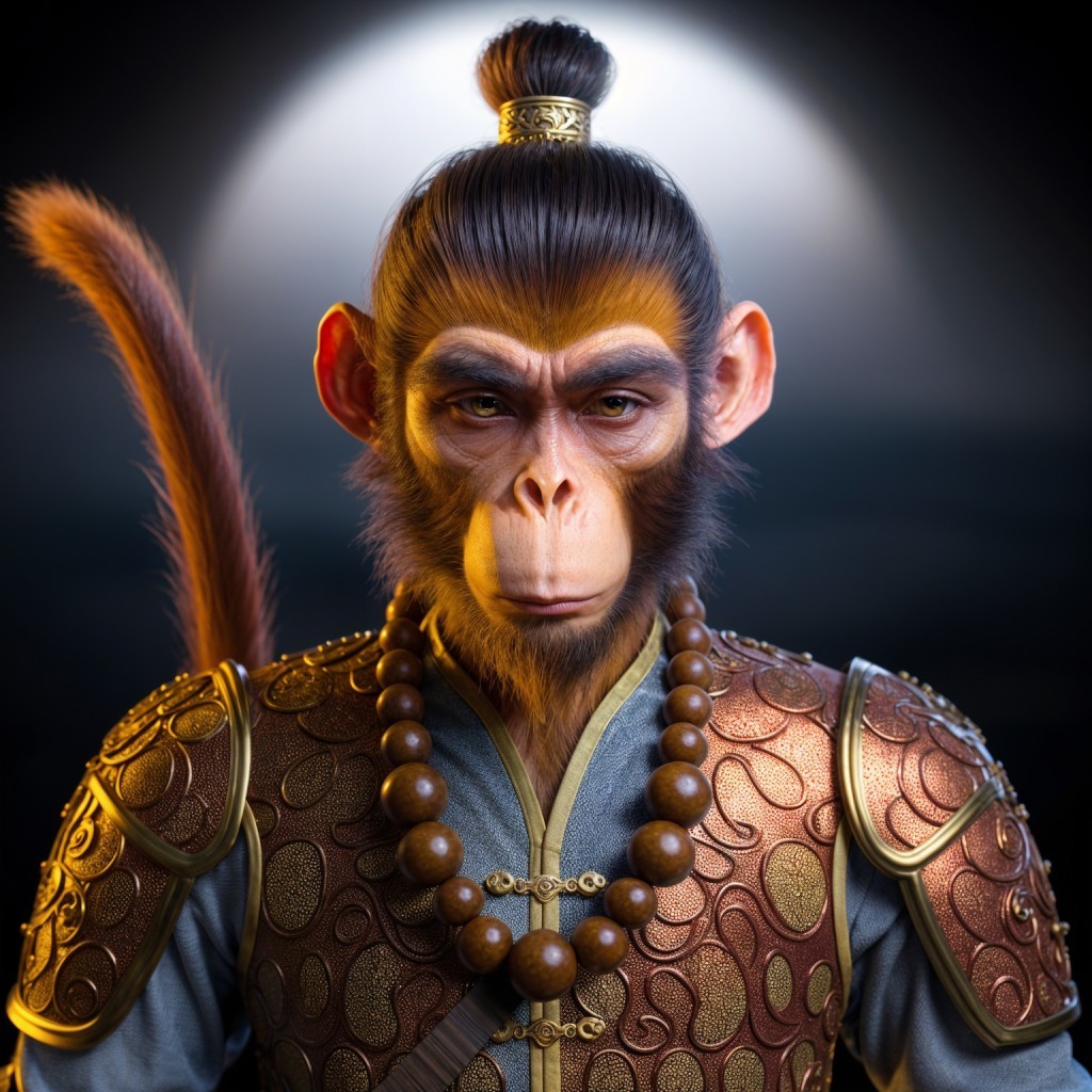 Regal monkey character in intricate armor with beads