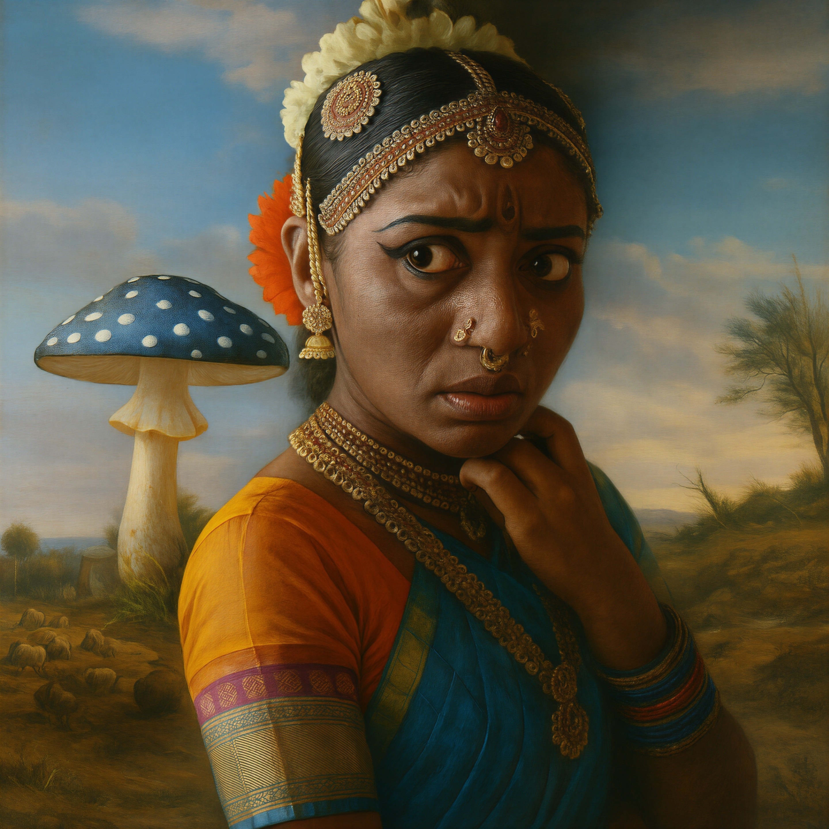 Woman in Traditional Attire with Whimsical Mushroom