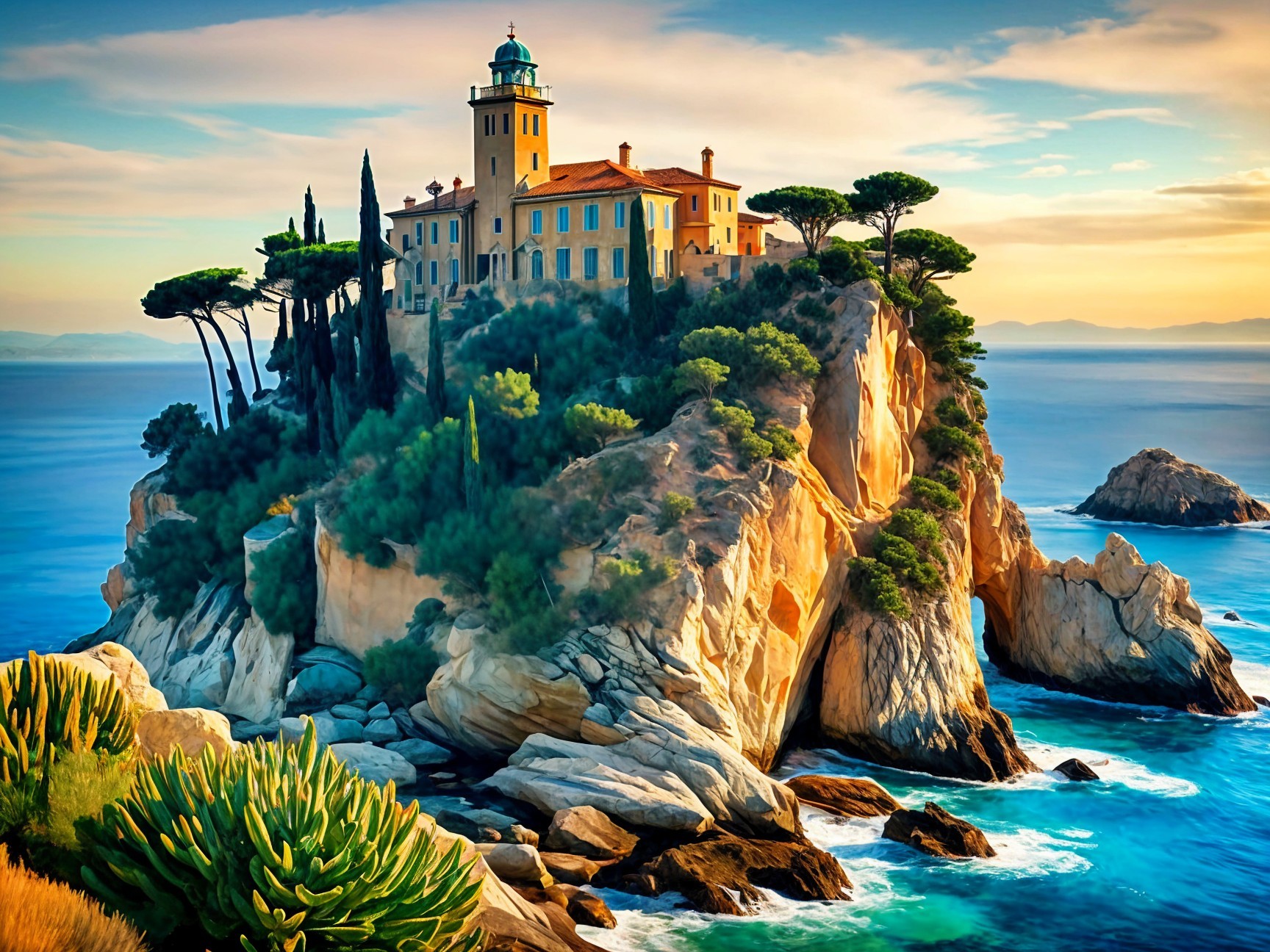 Coastal Scene with Towered Building on Rocky Cliff