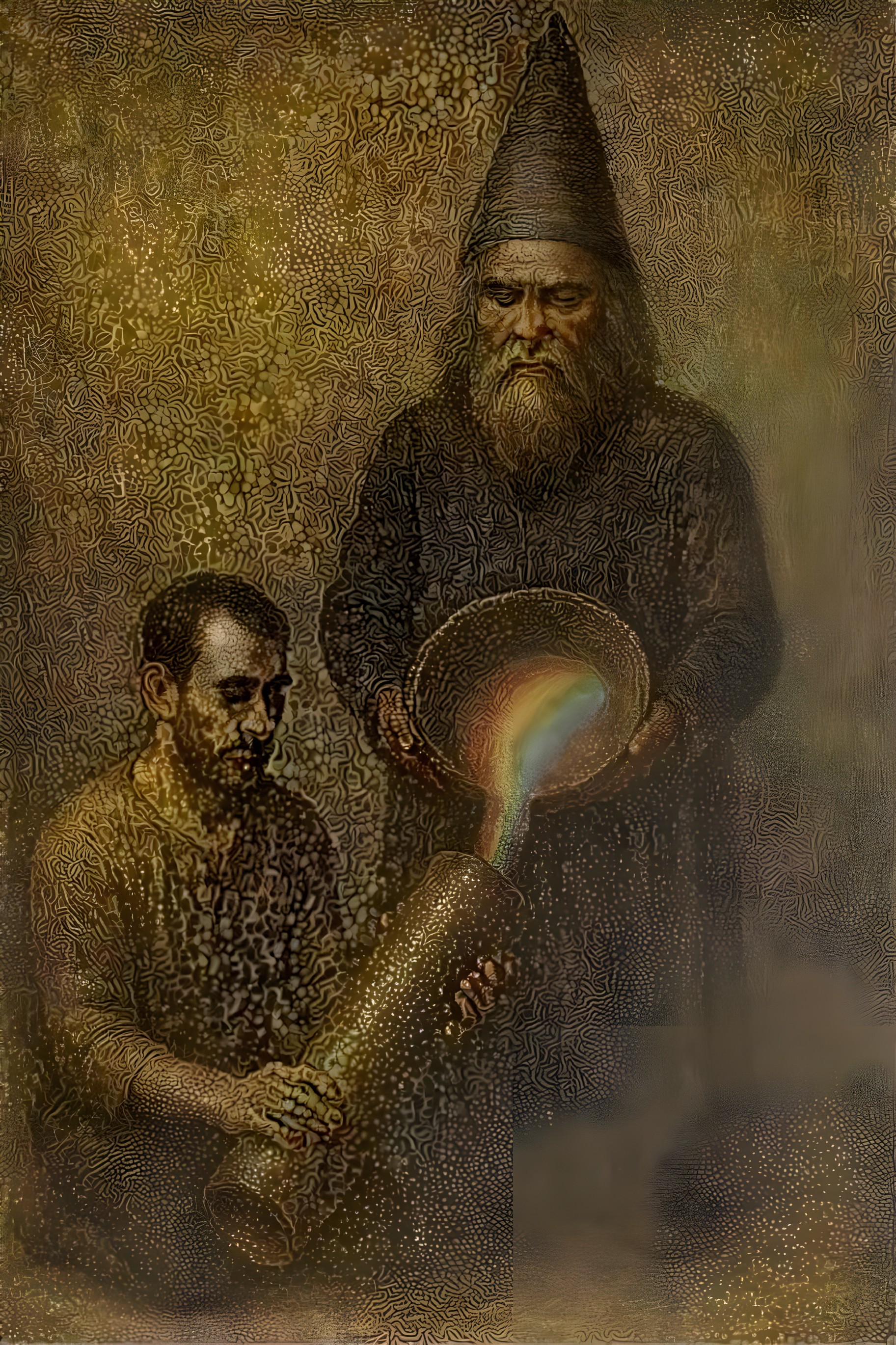 Elderly Figure Overseeing Rainbow Creation in Mystical Scene