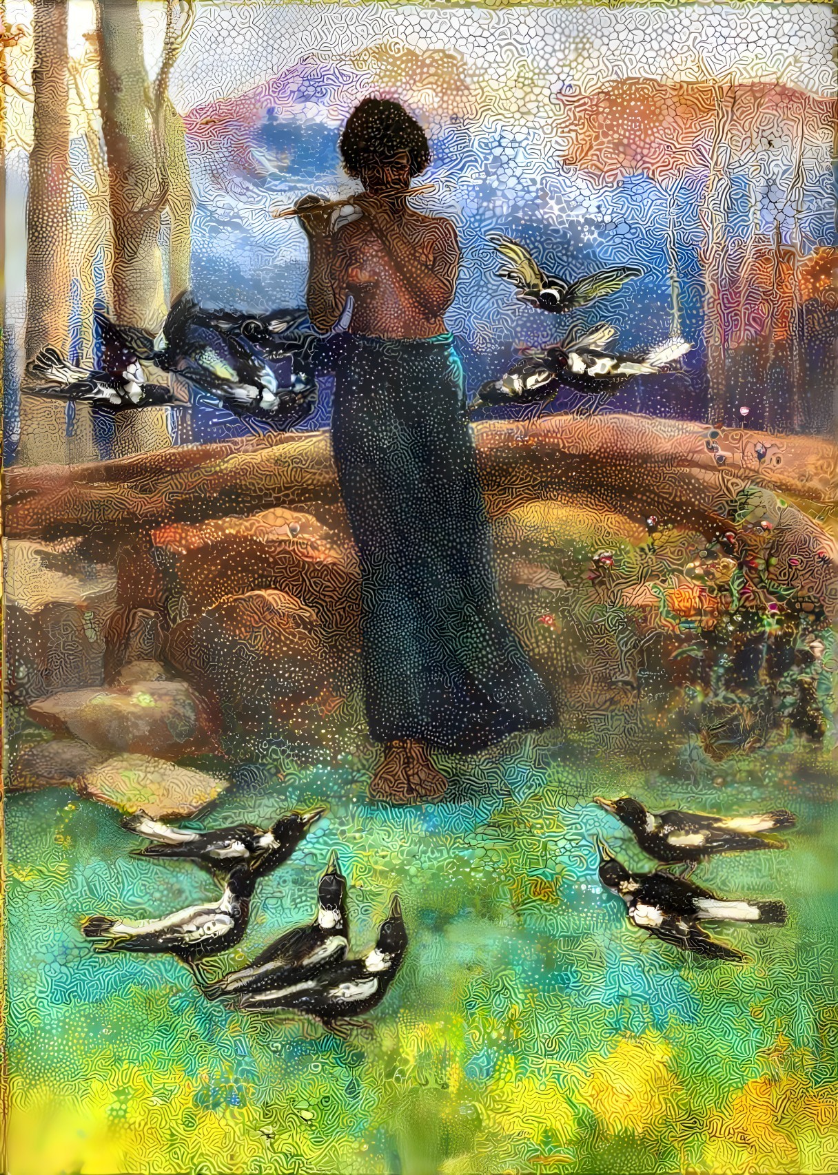Figure Playing Flute in Vibrant Nature Scene
