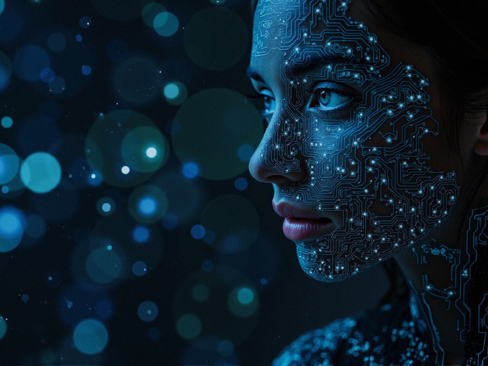 Close-Up of a Futuristic Woman with Circuit Patterns