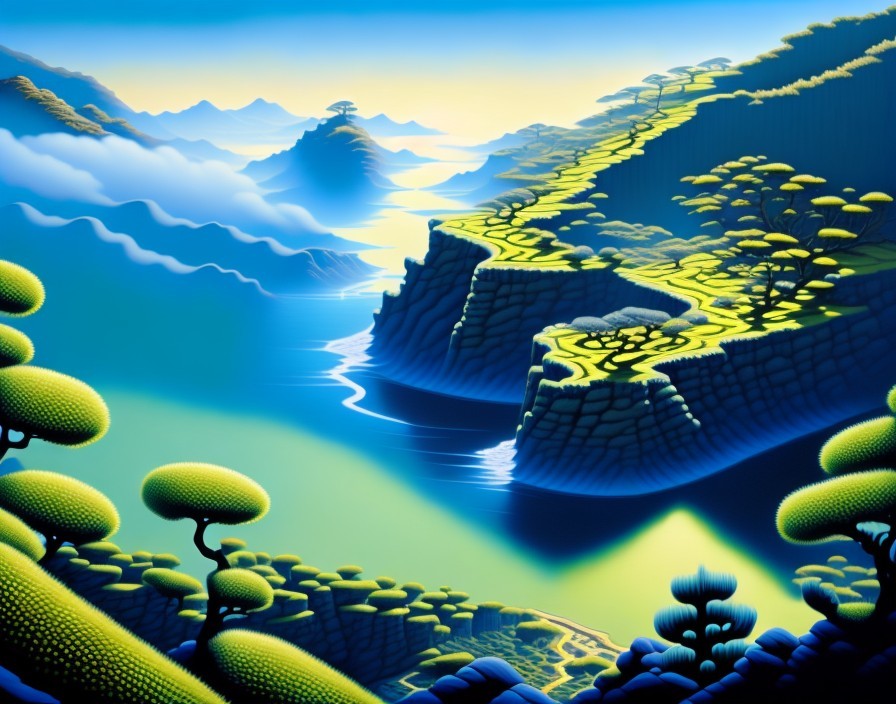 Surreal Landscape with Hills, Cliffs, and Water