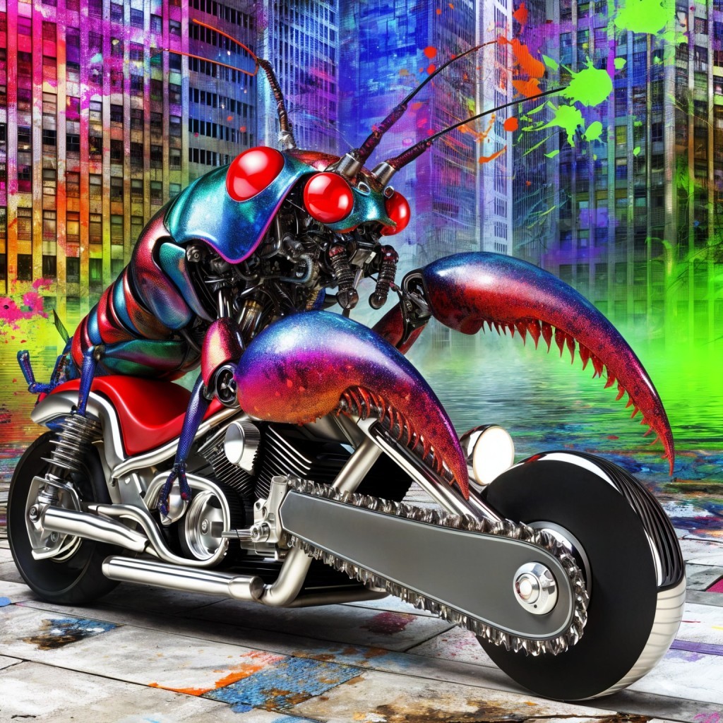 Futuristic Lobster on Motorcycle in Urban Setting