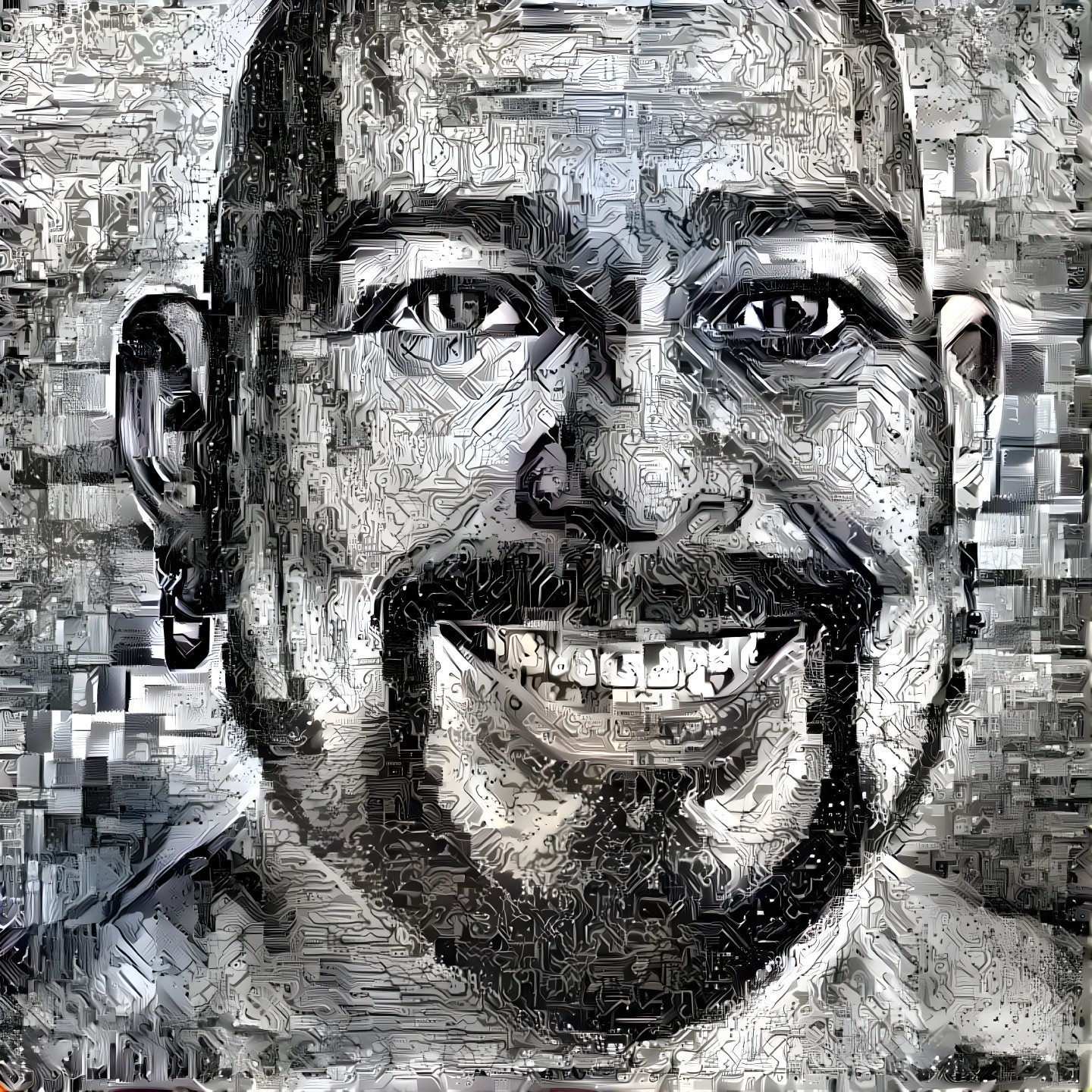 Digitally Rendered Portrait of a Man with Circuitry Backdrop
