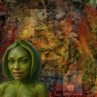 Woman with Green Reptilian Skin and Abstract Background