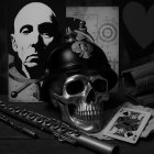 Monochromatic Skull and Police Helmet Composition