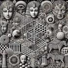 Monochromatic collage with intricate patterns and designs