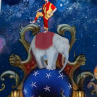 Whimsical Circus Scene with Clown and Elephant Balancing