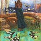Figure Playing Flute in Vibrant Nature Scene