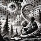 Elderly Sage Surrounded by Mystical Elements and Symbols