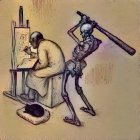 Surreal Scene of Skeleton and Artist at Easel