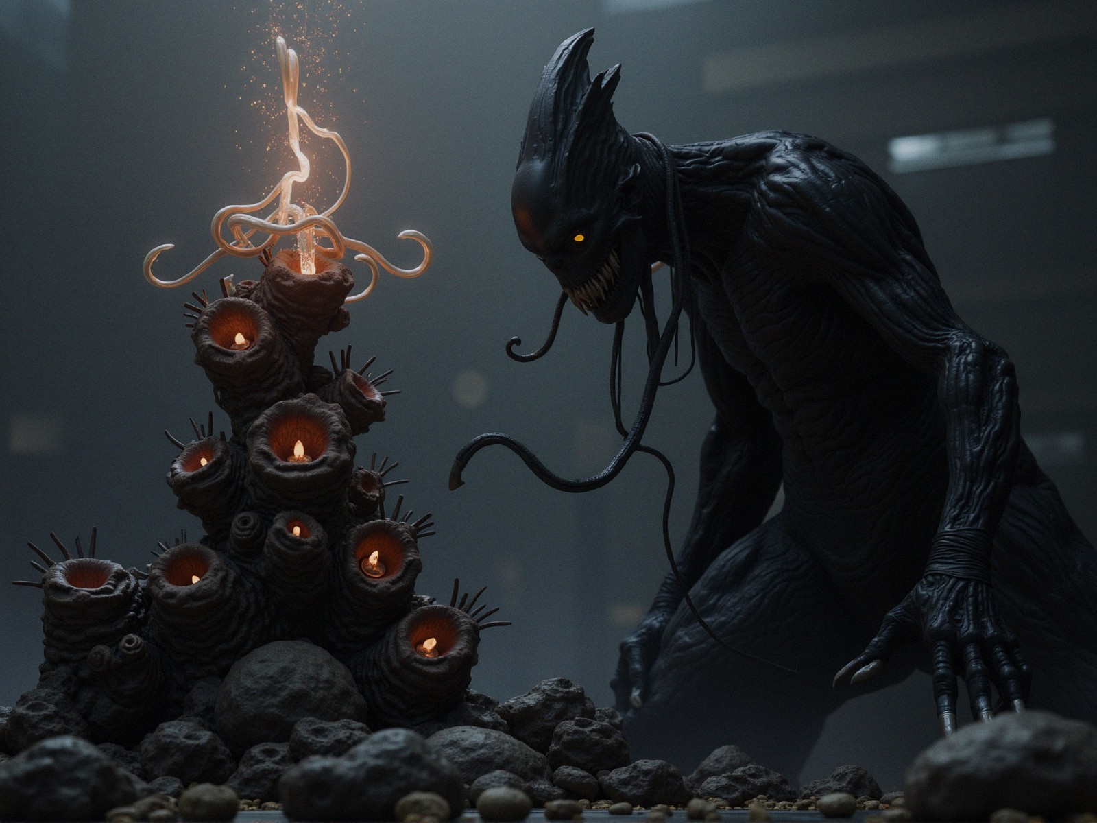 Dark Creature Overlooks Twisted Forms with Candlelight