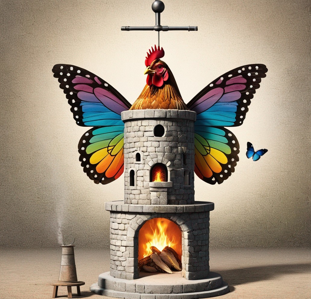 Whimsical castle structure with butterfly wings and flames