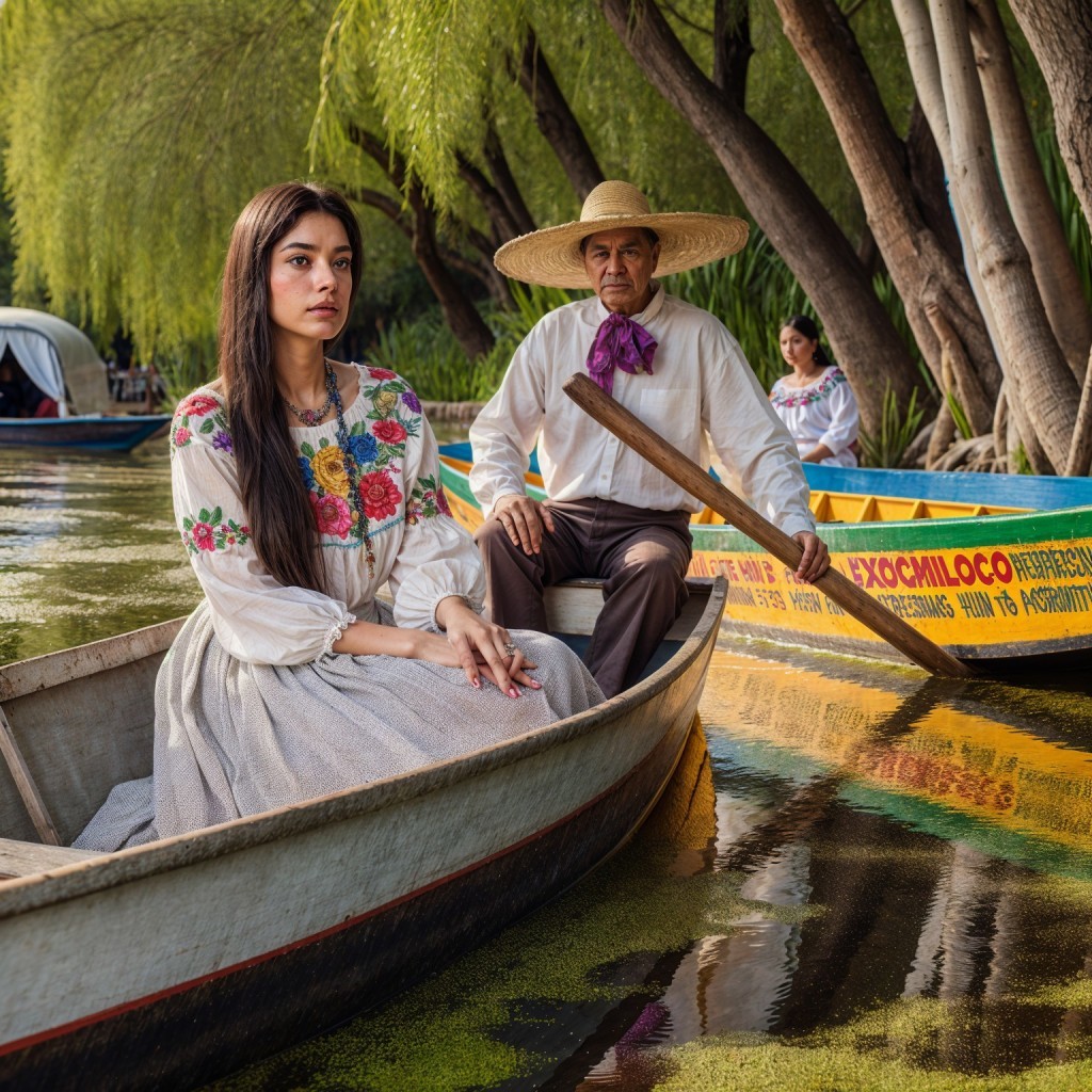 Woman in Traditional Attire on Serene Canal Boat
