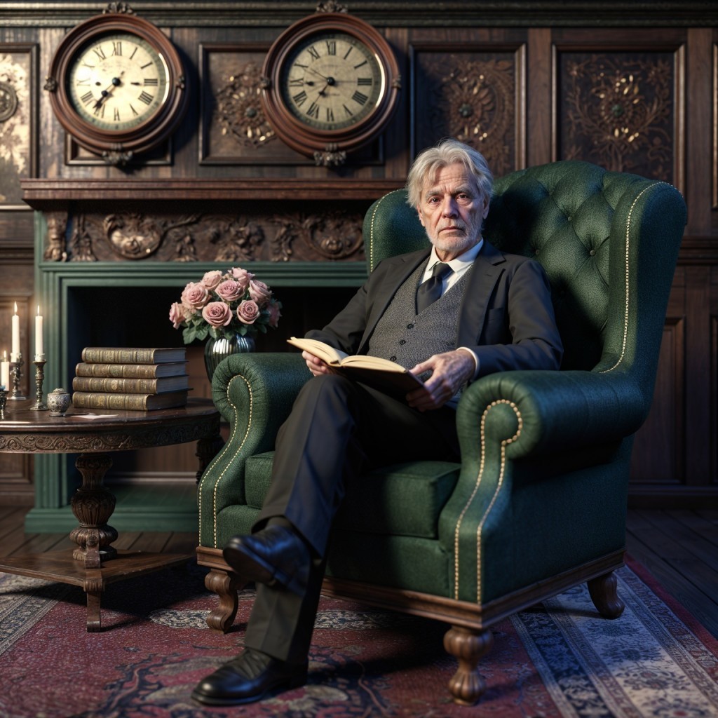 Elderly Man Reading in Ornate Room with Vintage Decor