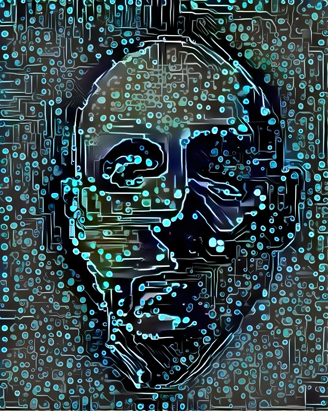 Stylized Face with Circuitry and Digital Elements