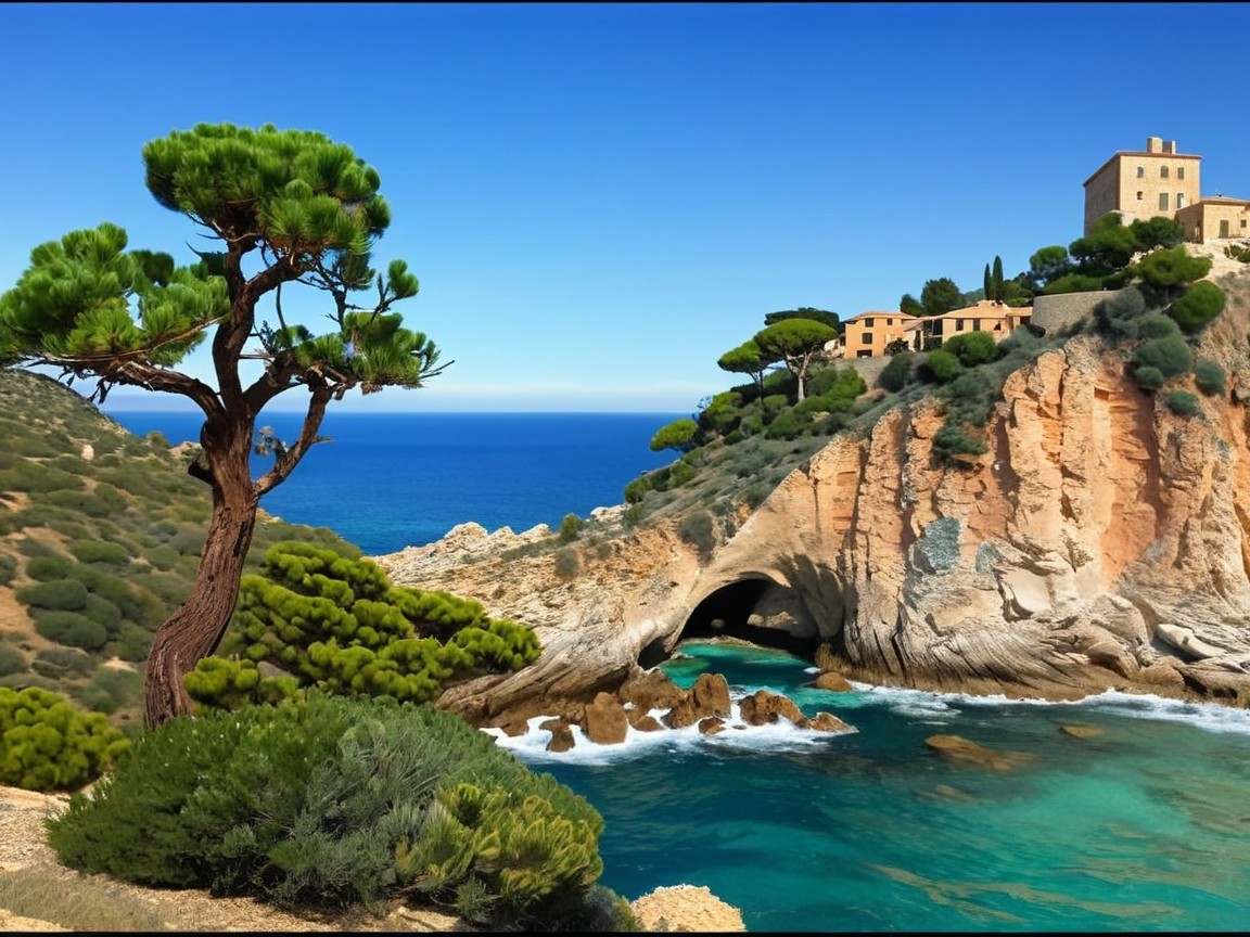 Mediterranean Coastal Landscape with Bonsai Pine Tree