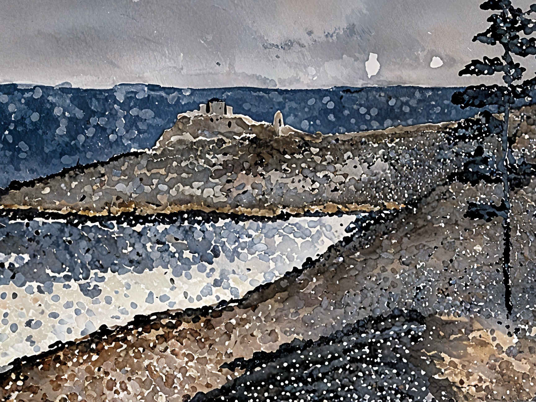 Serene Landscape with Hilltop Structure and Water Reflection