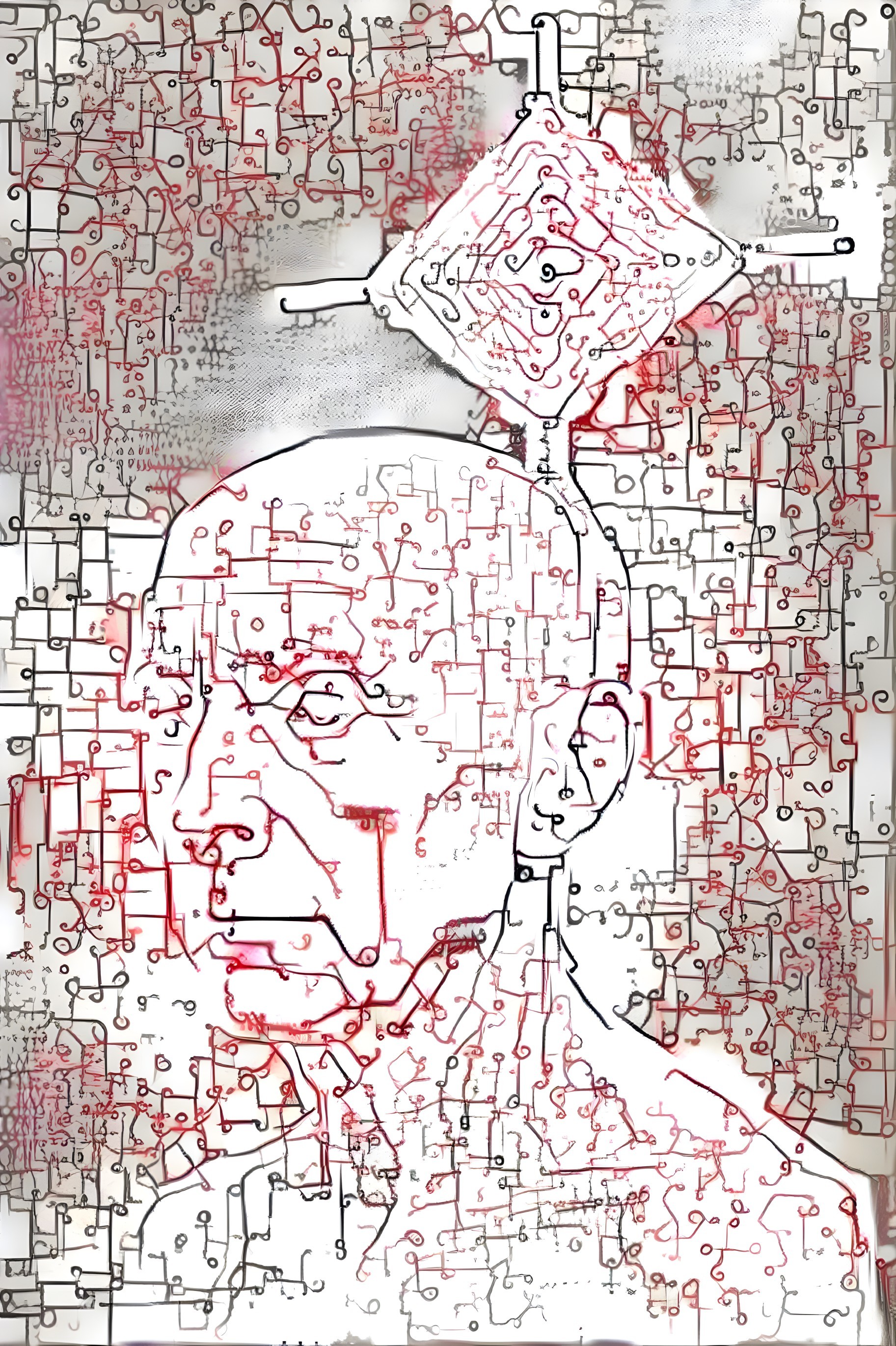 Stylized Portrait of a Bald Man with Circuitry Design