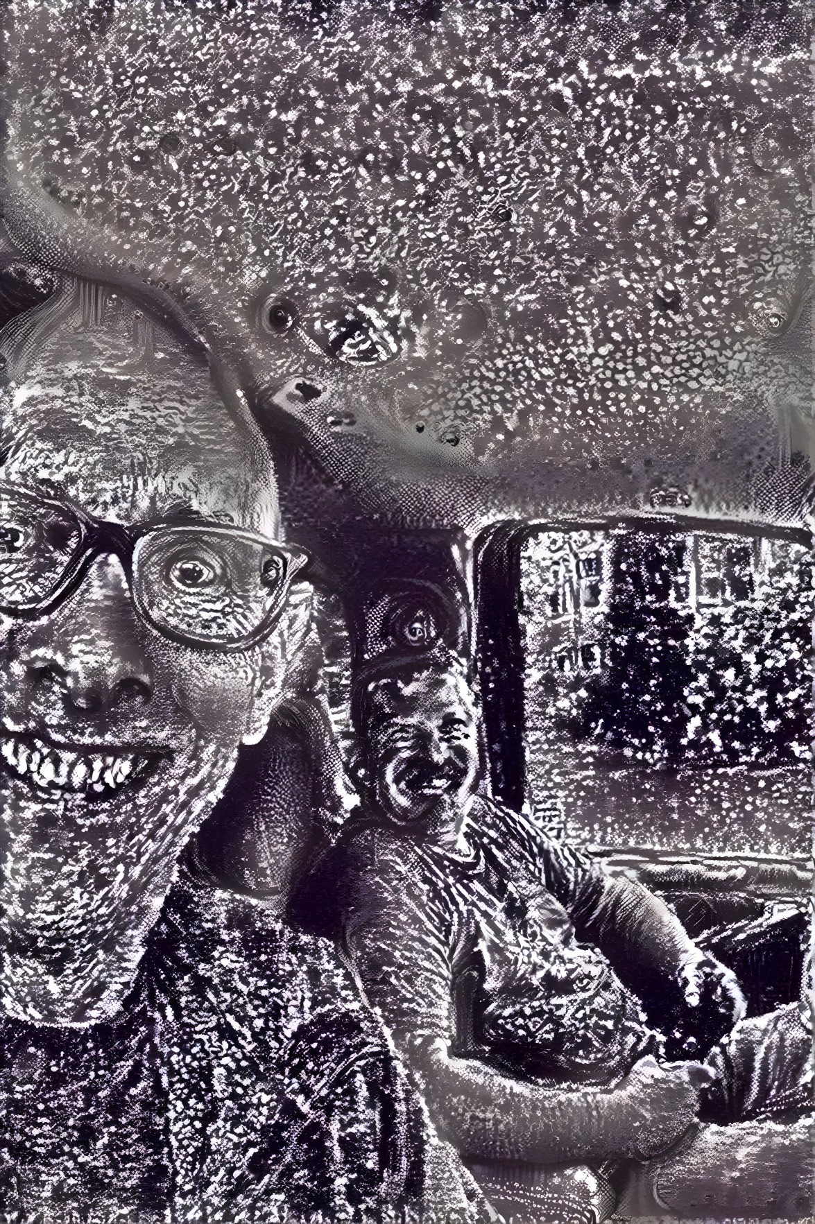 Two Men Inside a Vehicle with Rainy Window Background