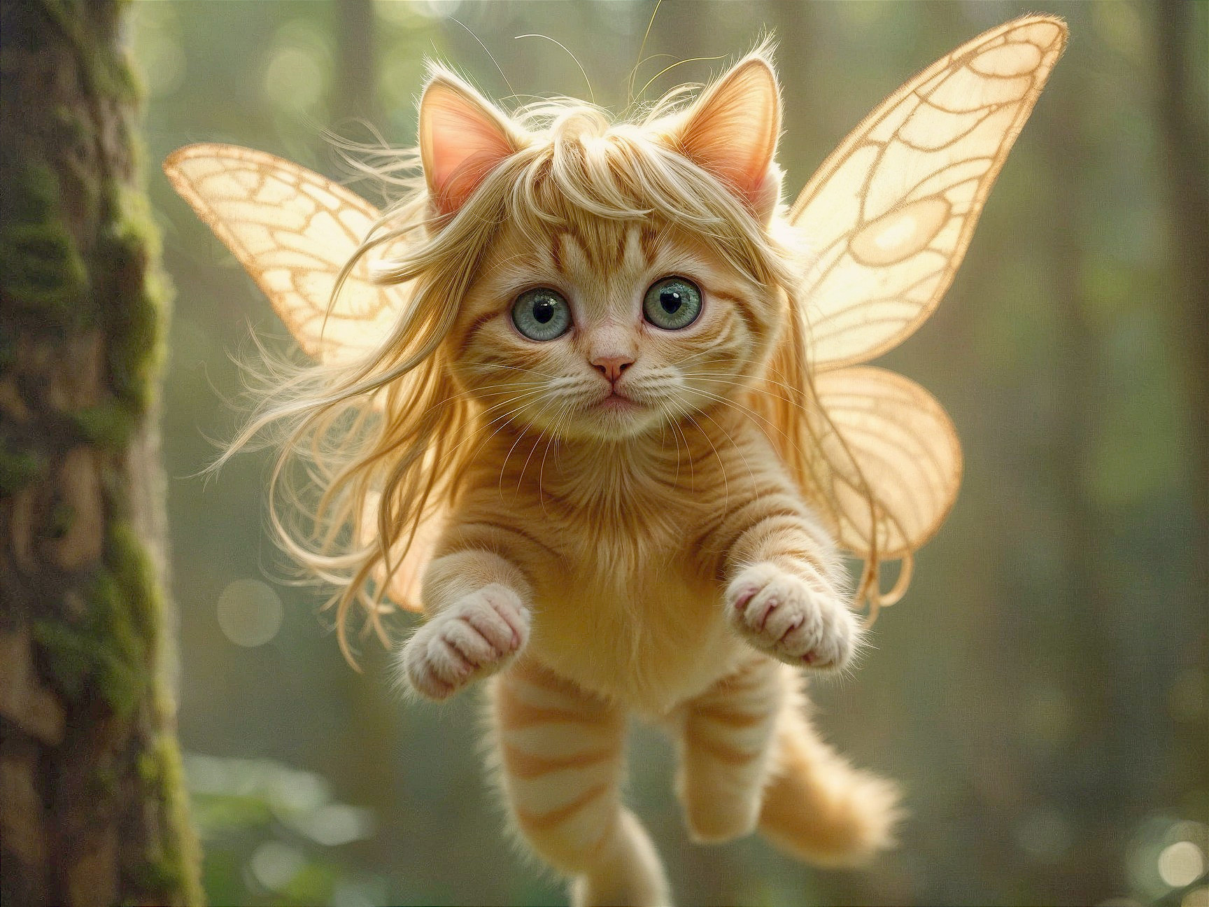 Fluffy Orange Tabby Kitten in Mystical Forest Scene