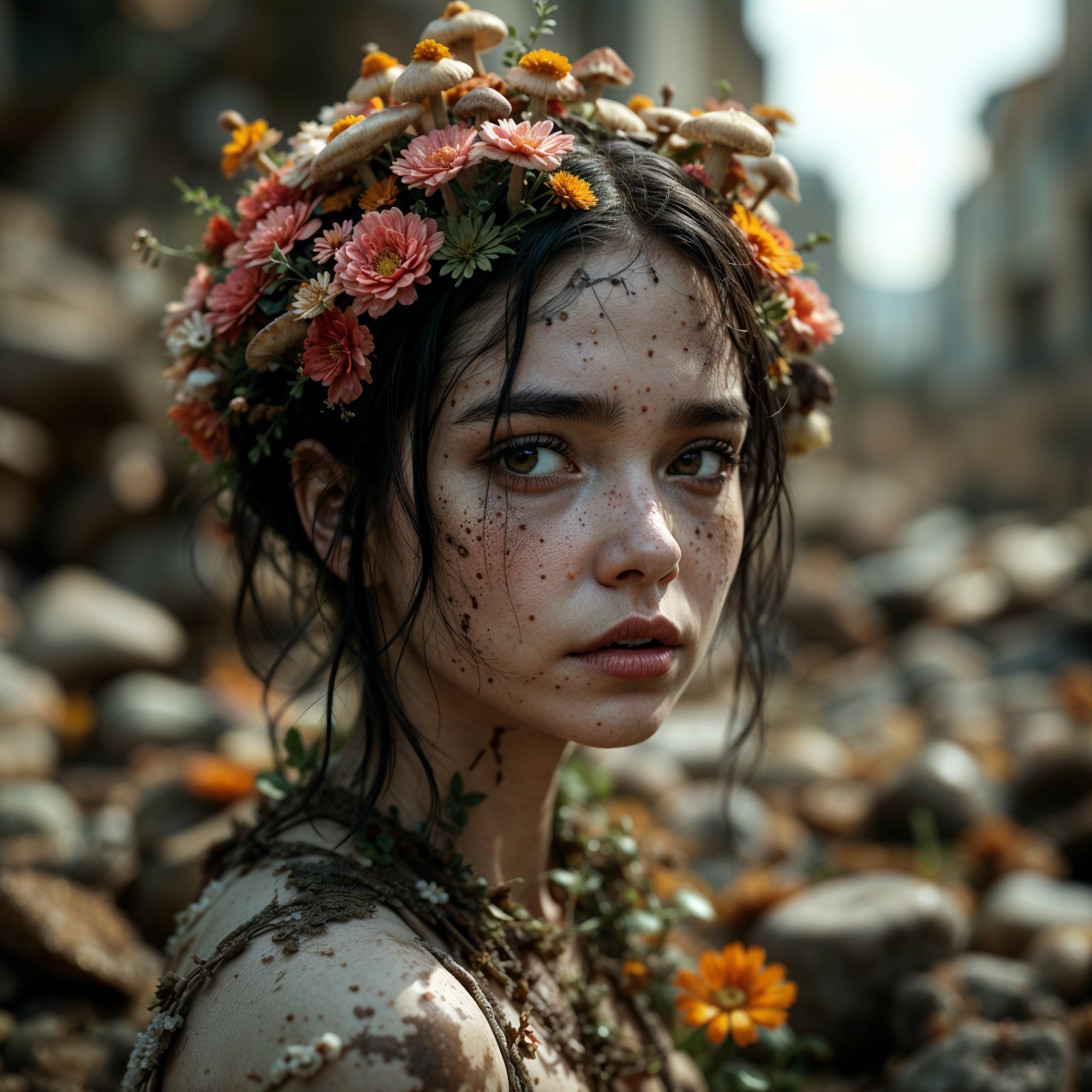 Young woman in rocky landscape with floral crown