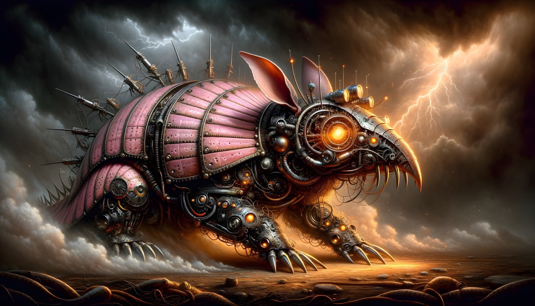 Mechanical Insect Creature Under Stormy Sky