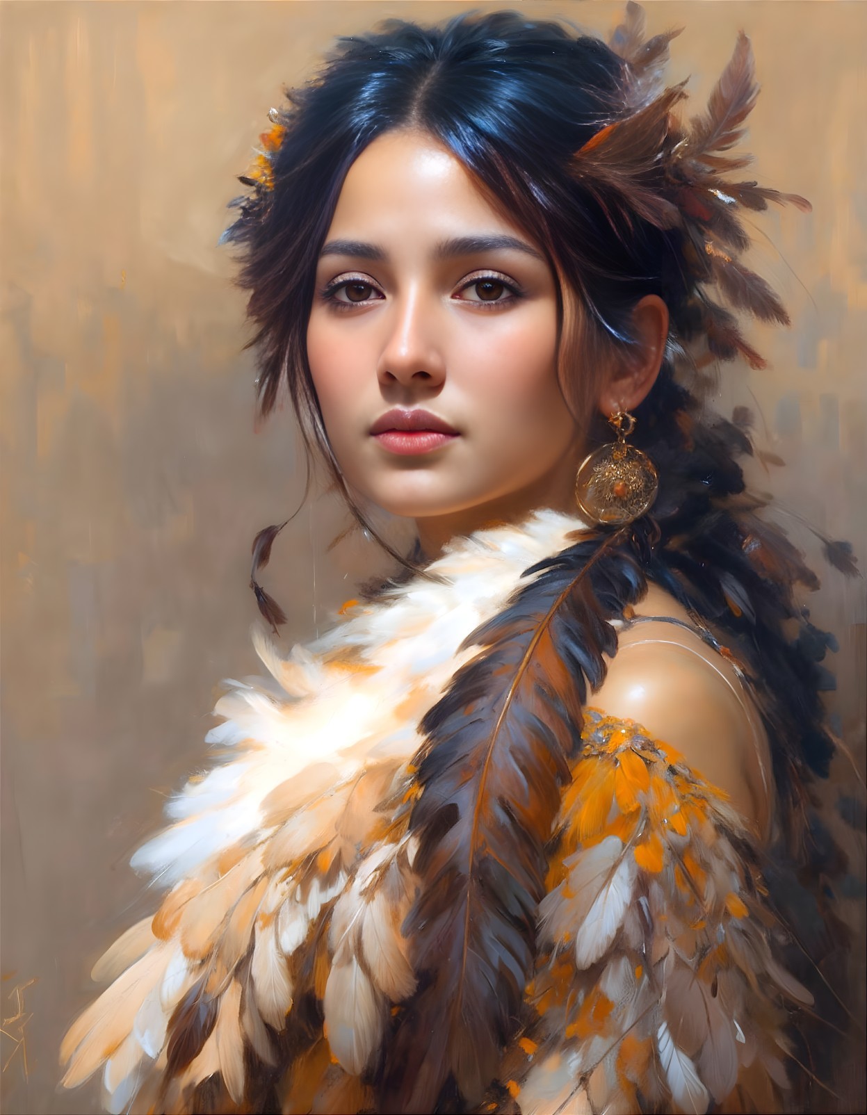 Young Woman in Feathered Attire and Jewelry Portrait