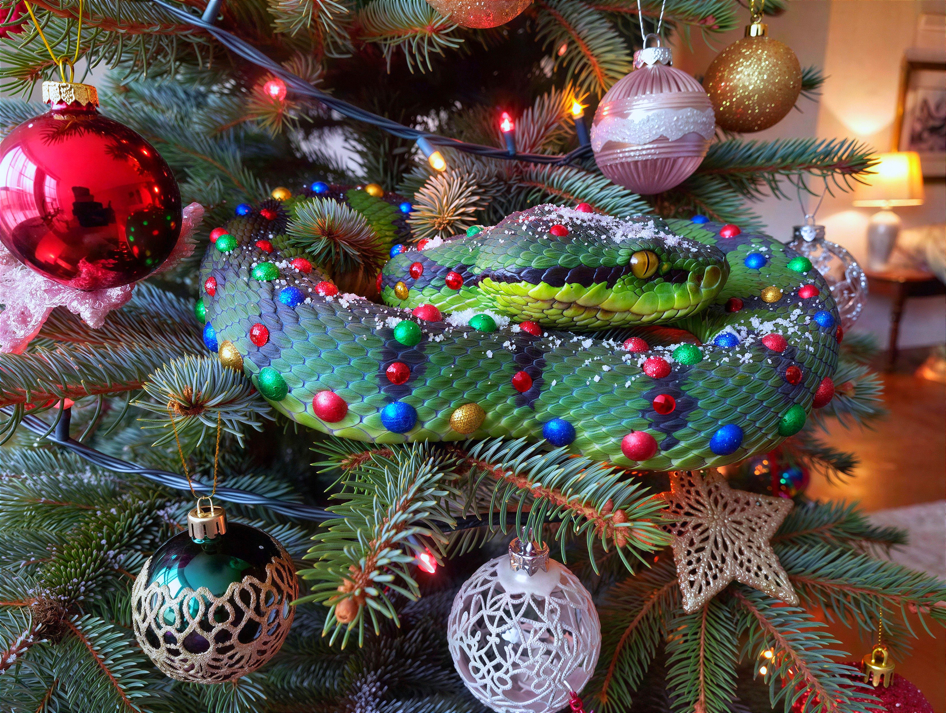 Green Snake Coiled on Christmas Tree Branch with Ornaments