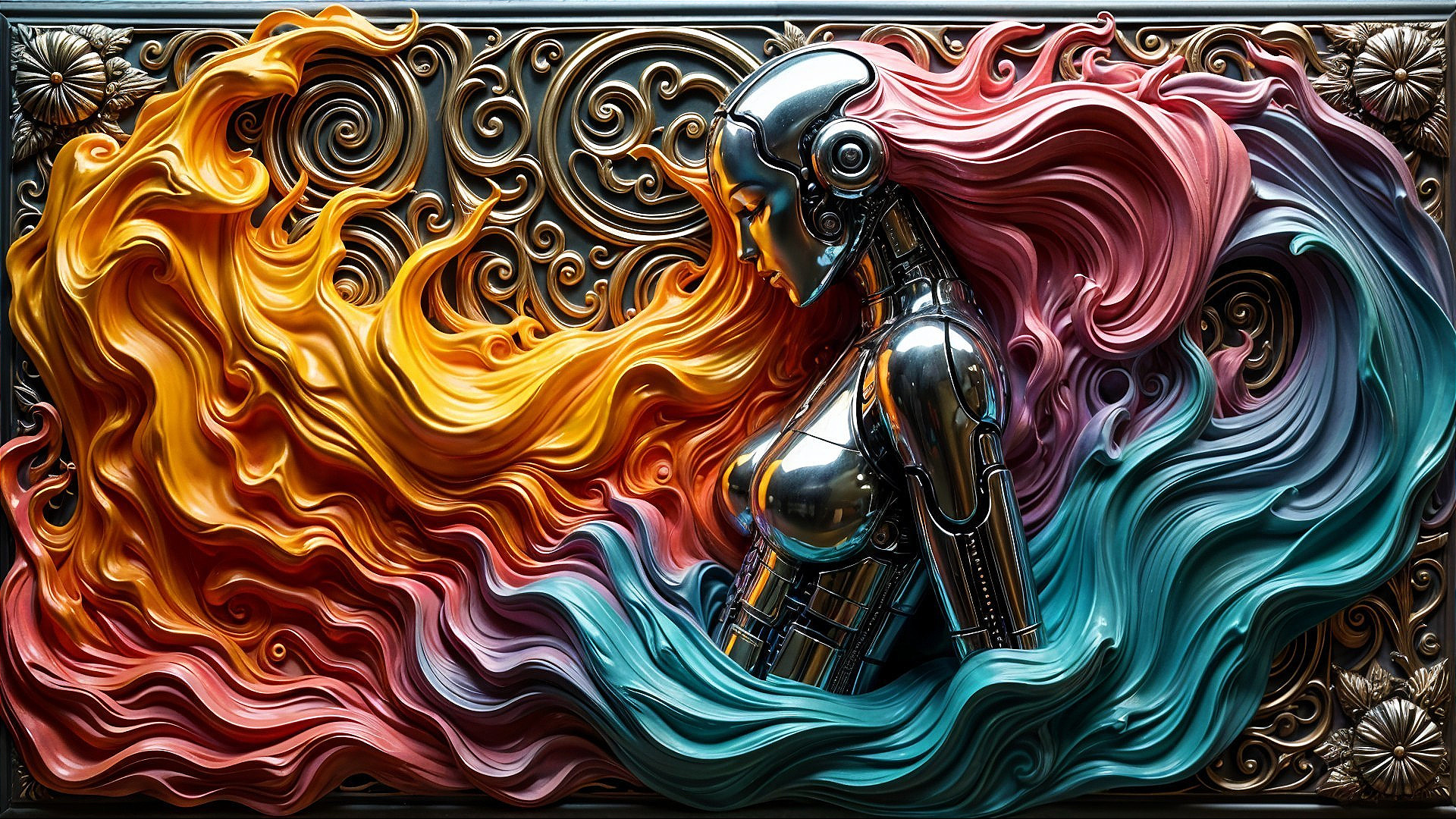 Futuristic Humanoid Figure with Metallic Body and Hair