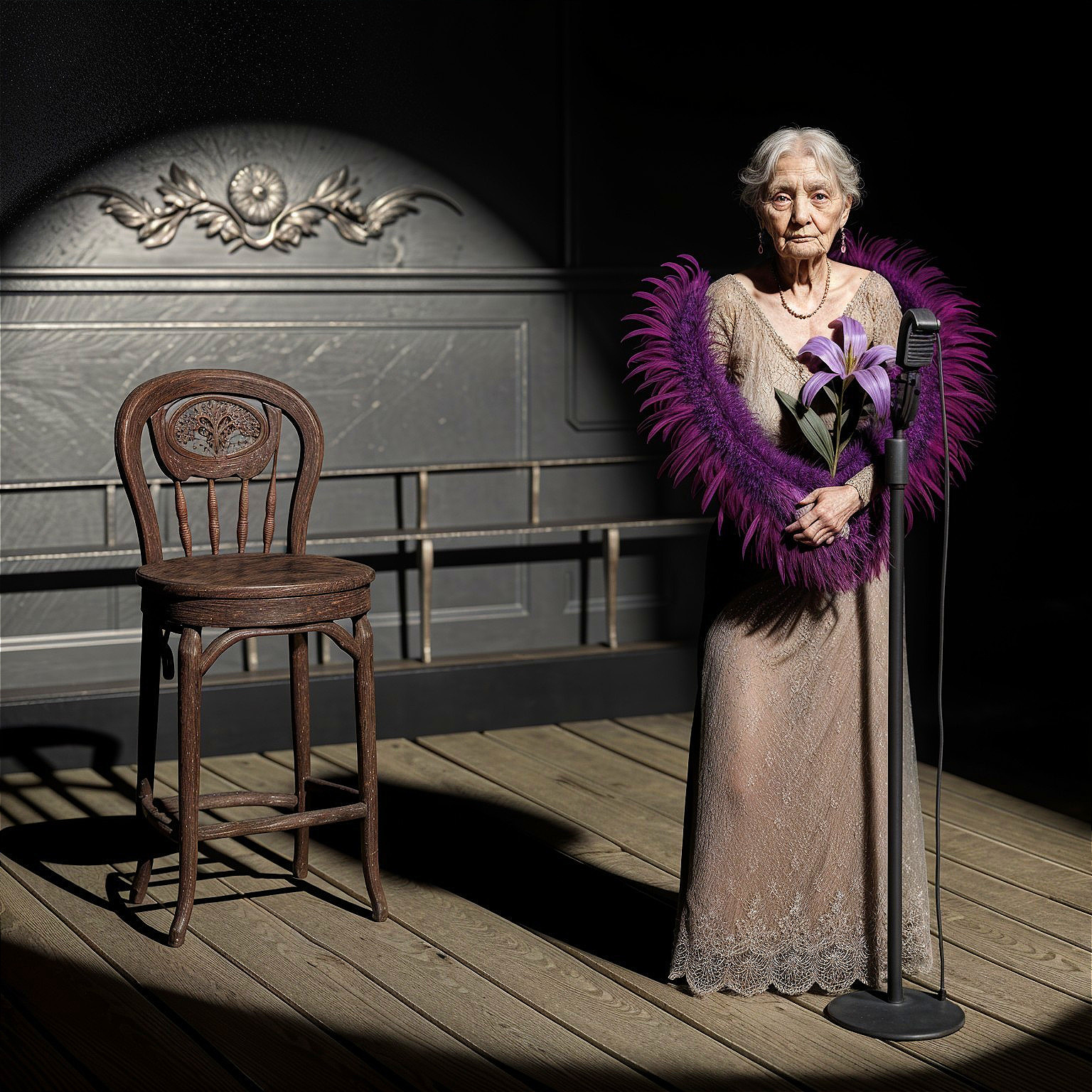 Elderly Woman in Vintage Gown with Purple Lilies