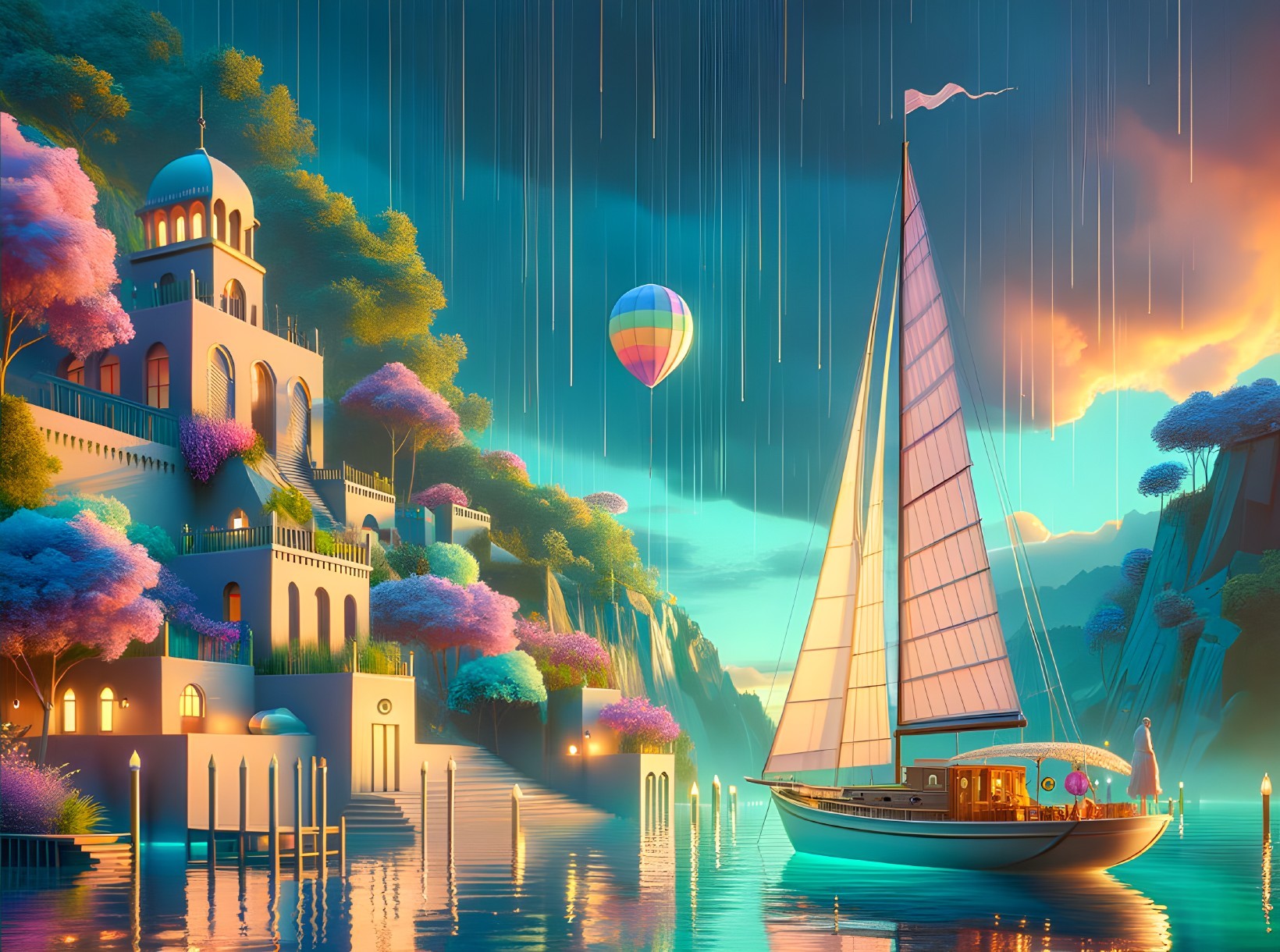 Colorful digital artwork: Sailboat, hot air balloon, whimsical house, purple trees, sunset