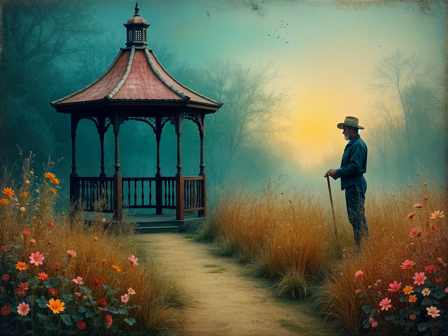 Serene Morning Scene with Man by Gazebo and Wildflowers