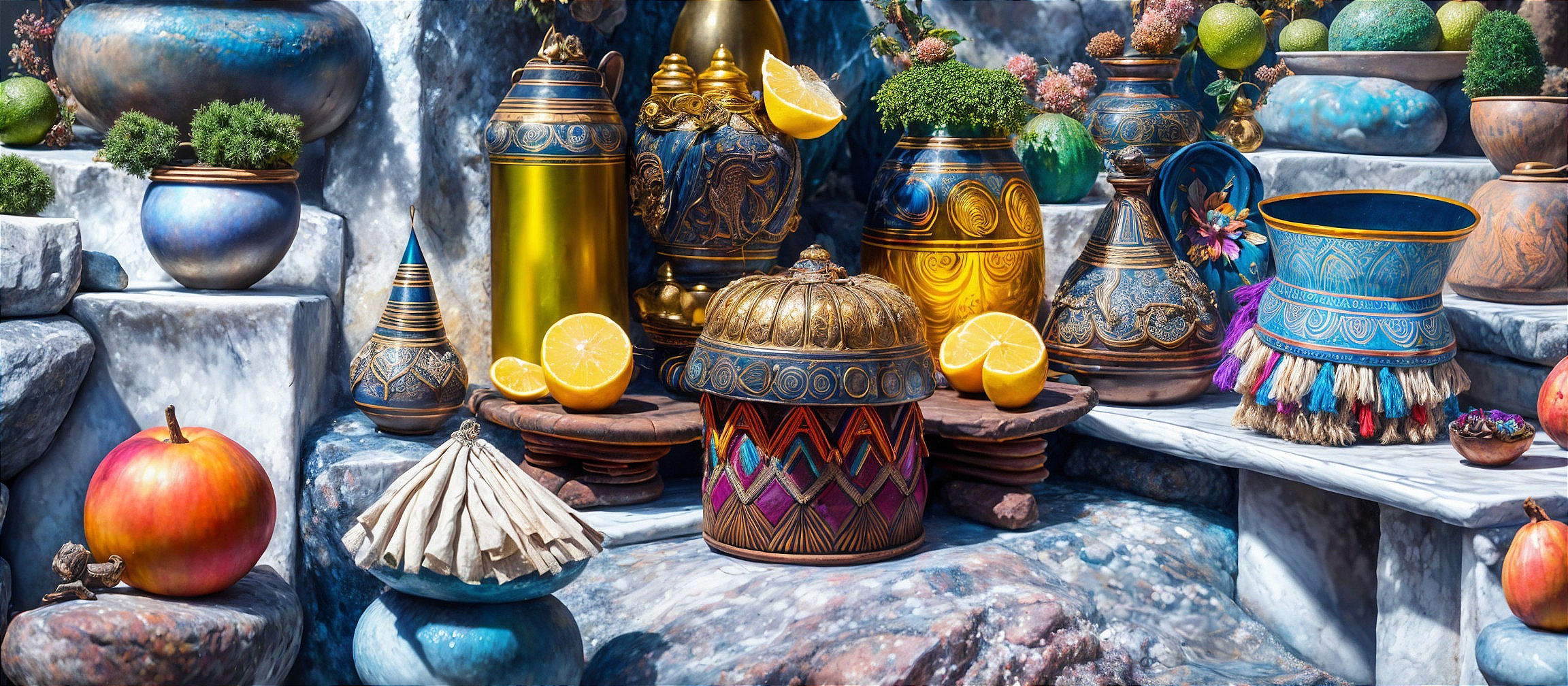 Ornate Containers and Decorative Items on Stone Surface