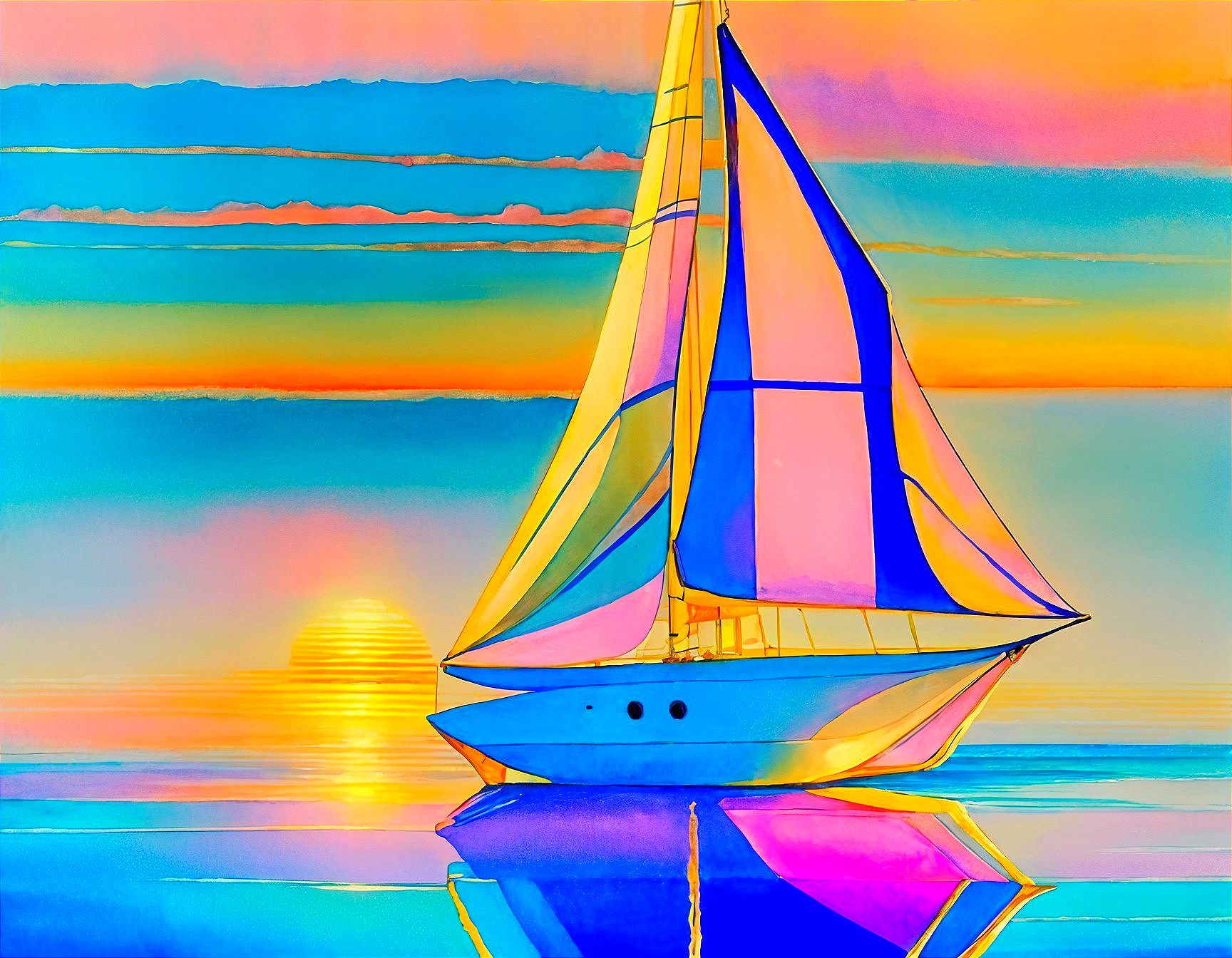 Vibrant Sailboat on Calm Sea at Sunset