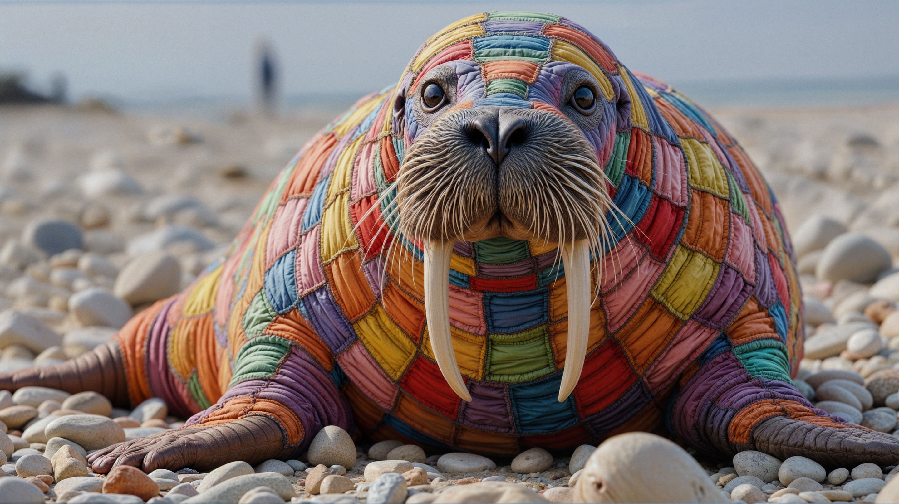 Vibrant Walrus on Beach with Colorful Pattern Design