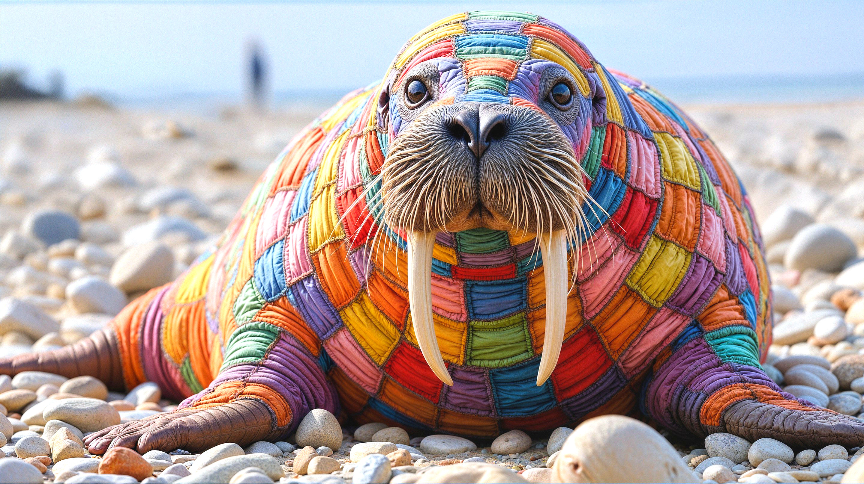 Vibrant Walrus on Beach with Colorful Pattern Design