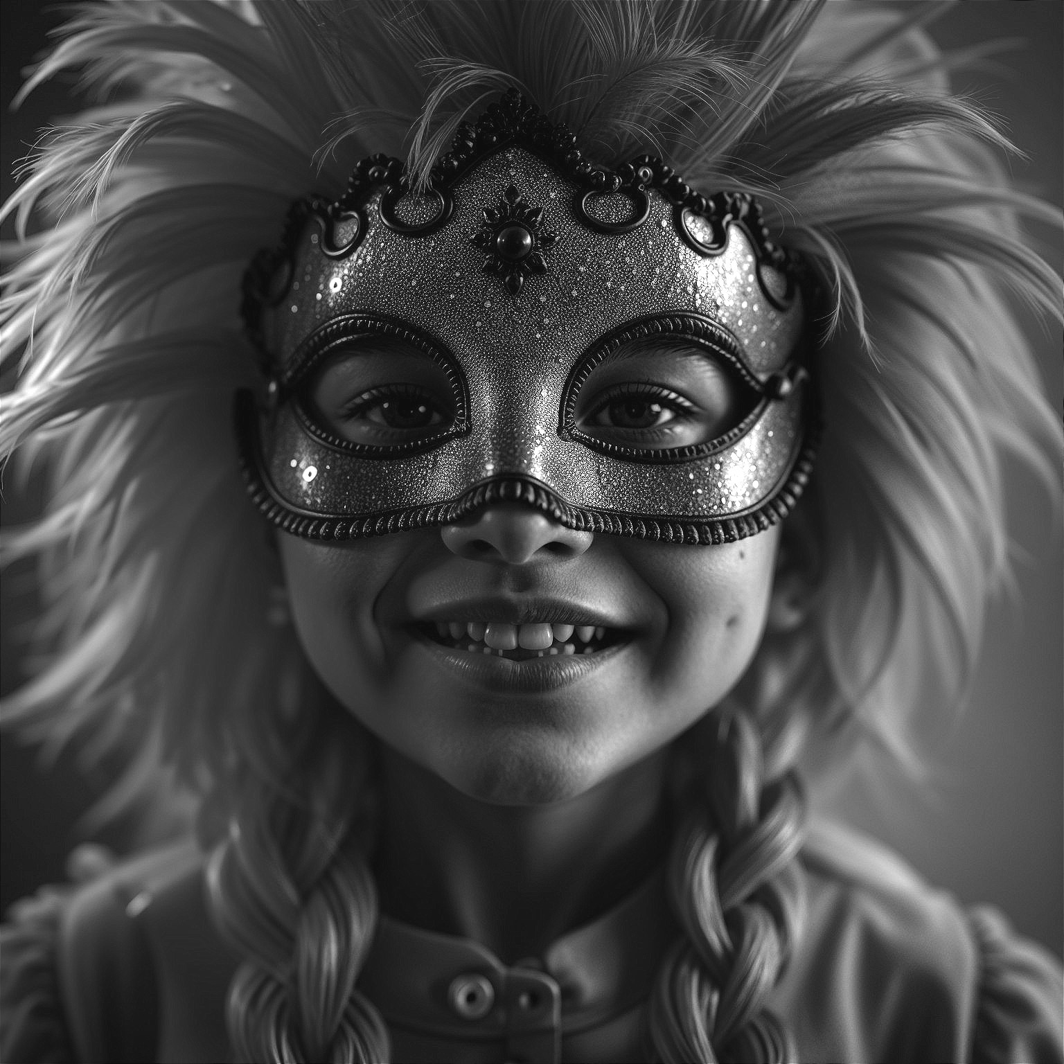 Young girl in ornate masquerade mask with braided hair