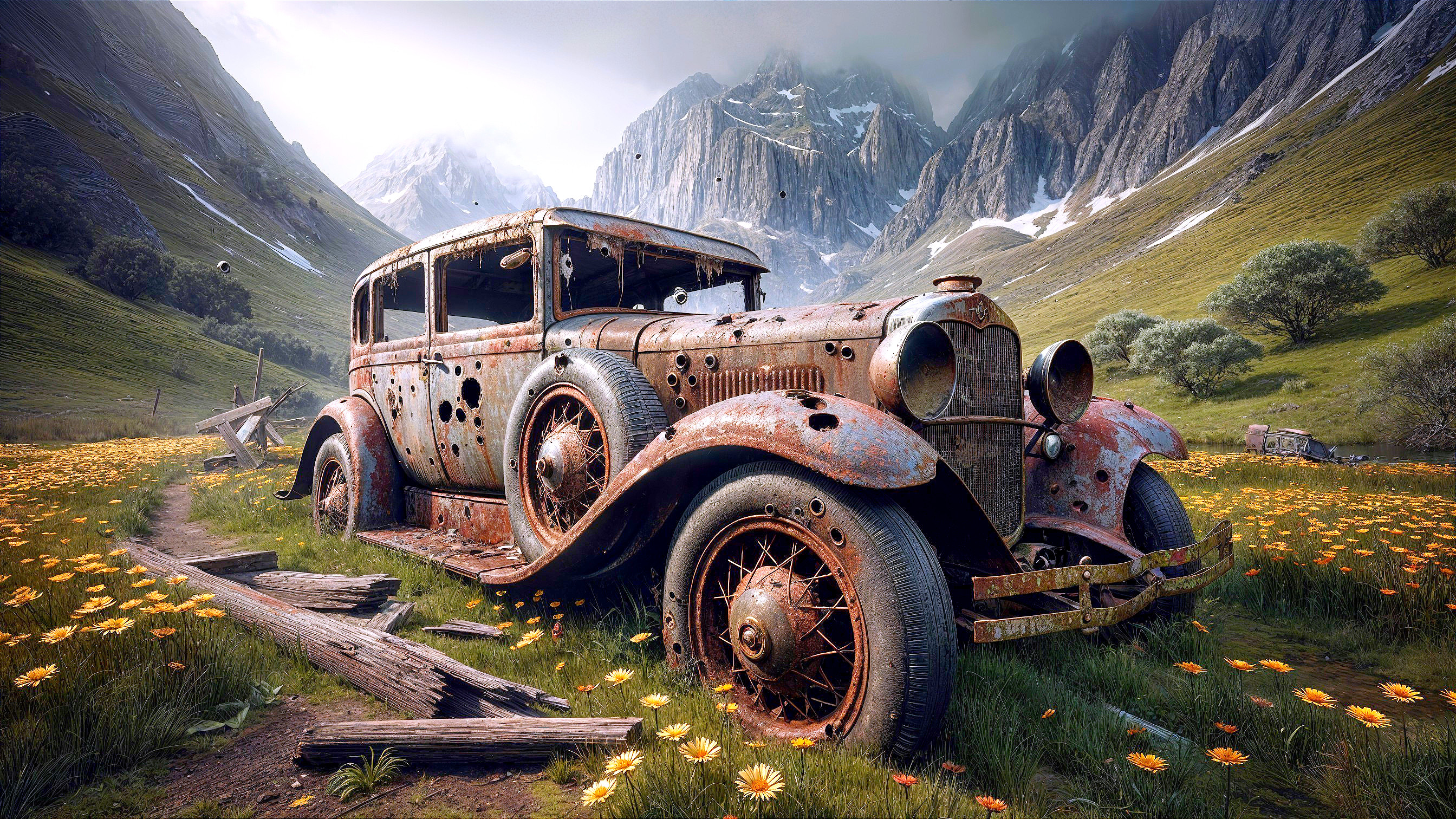 Abandoned Vintage Car Surrounded by Wildflowers and Mountains