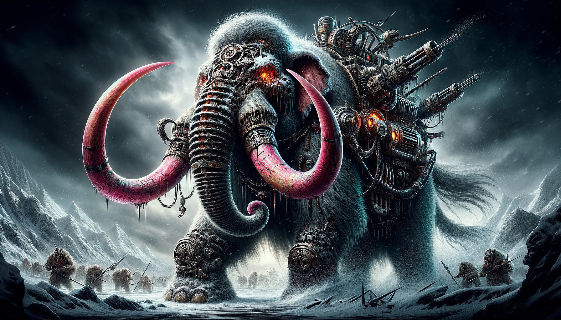 Mechanized Mammoth in Snowy Steampunk Landscape