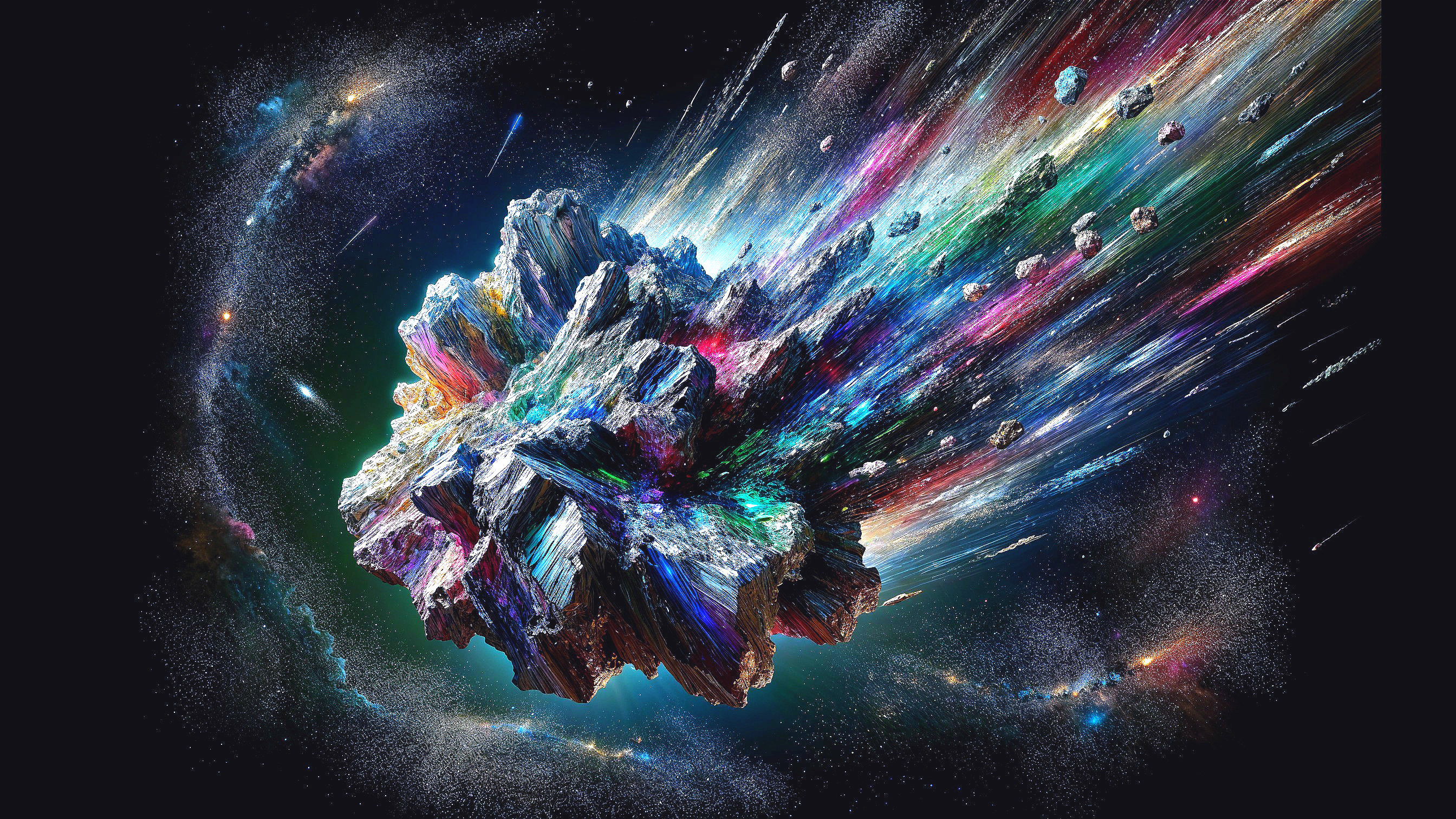 Colorful Asteroid in a Vibrant Cosmic Scene