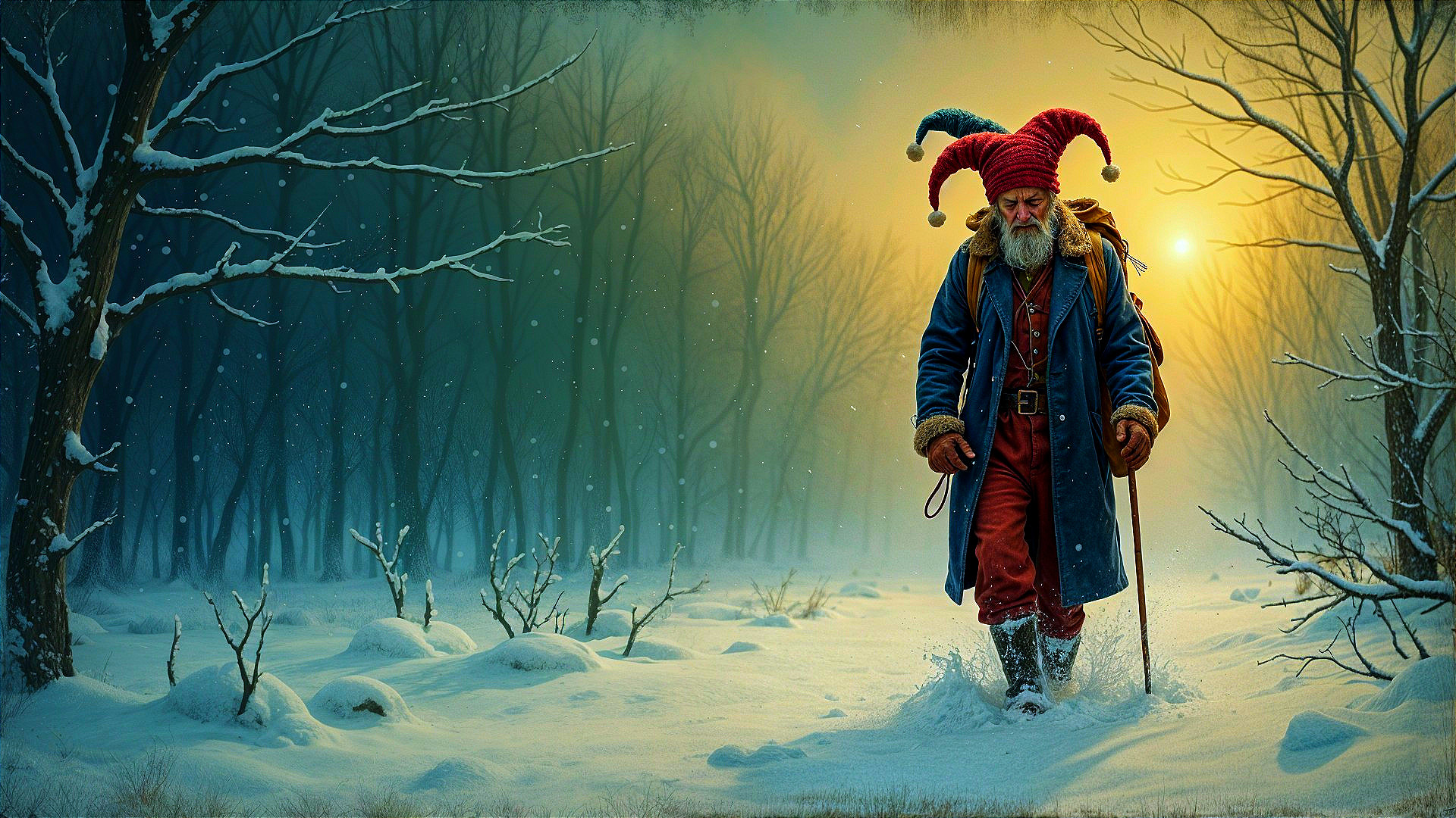Whimsical Elderly Figure in Snowy Landscape