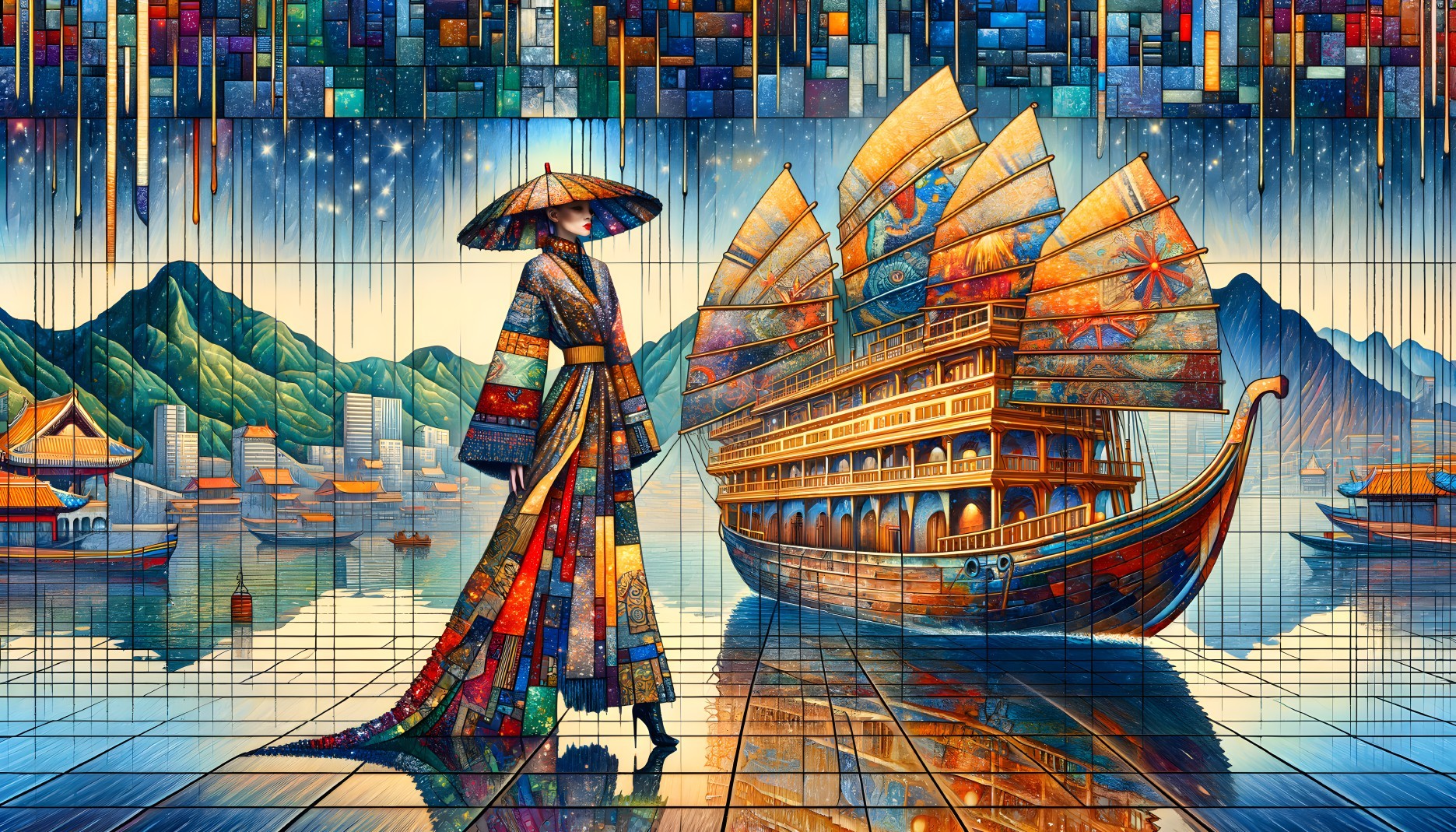 Stylized illustration of person in East Asian attire in futuristic harbor
