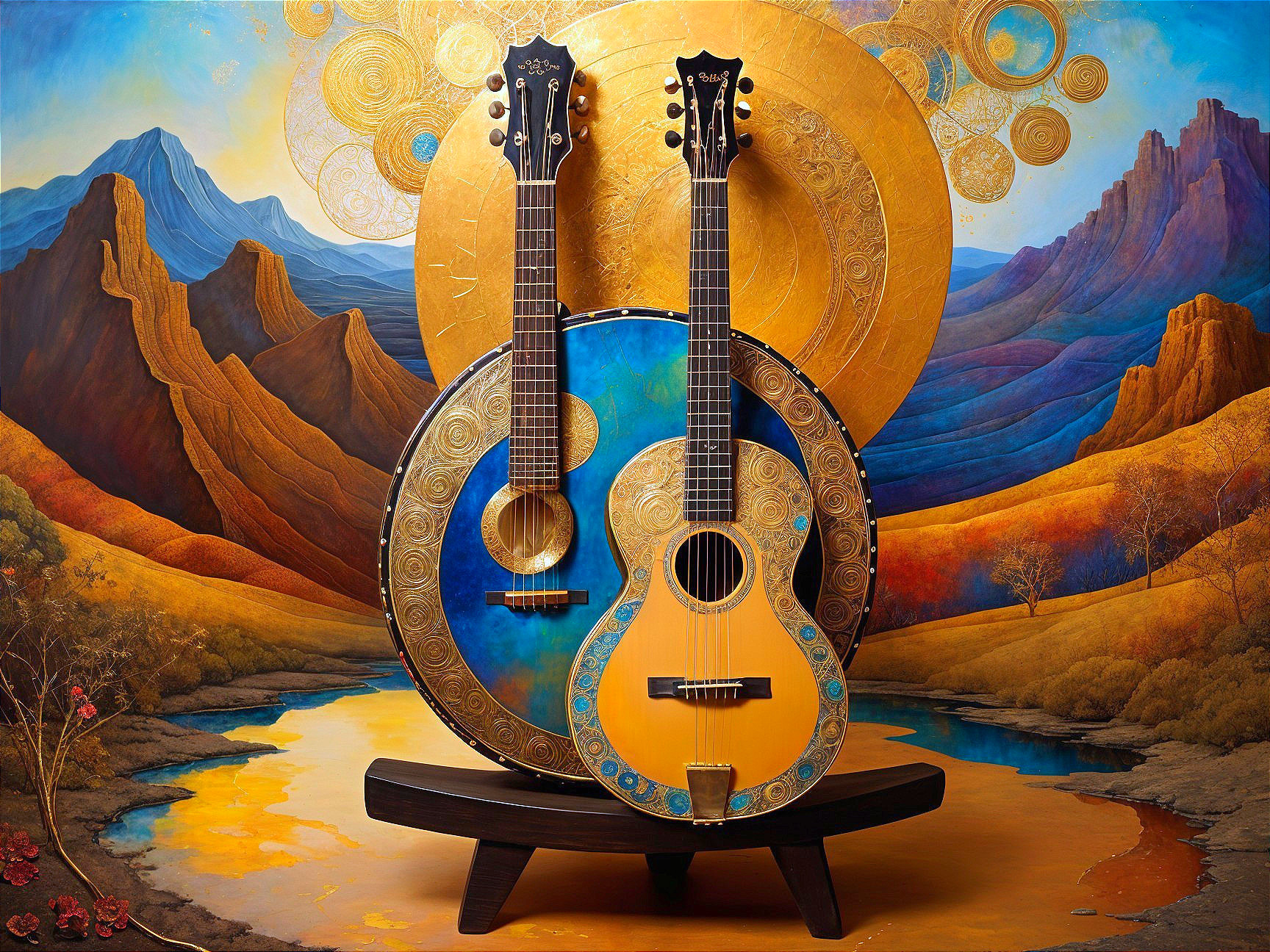 Artistic Display of Guitars with Vibrant Background