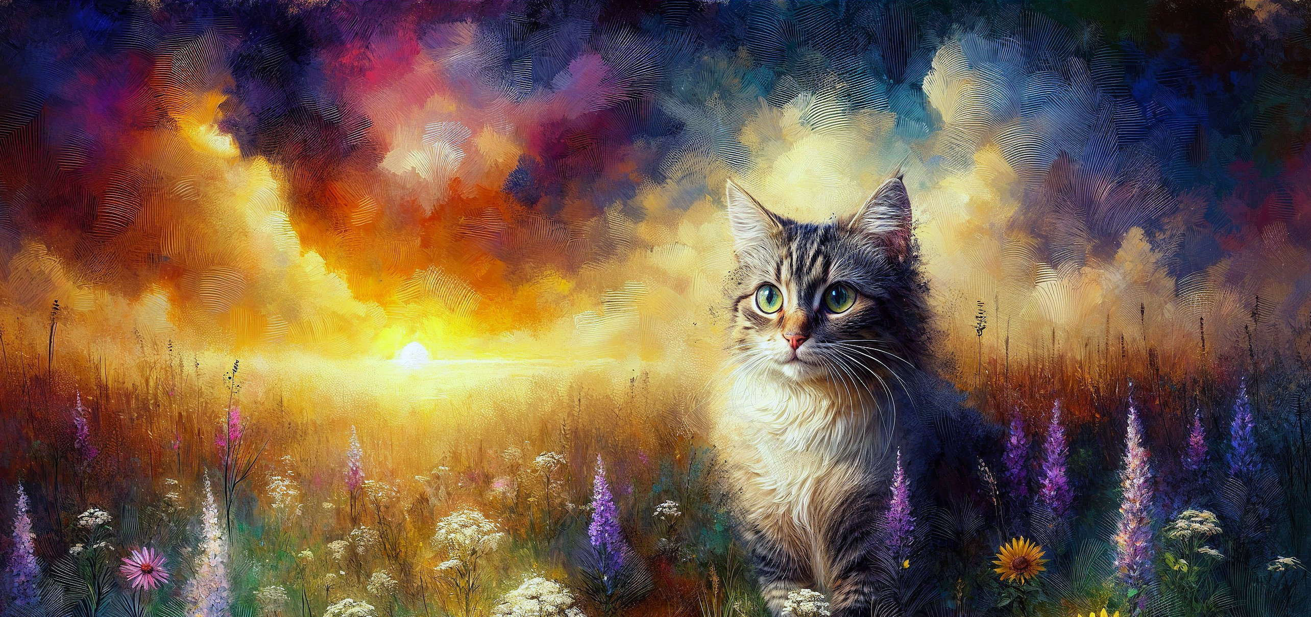 Fluffy Cat in Colorful Wildflower Field at Sunset