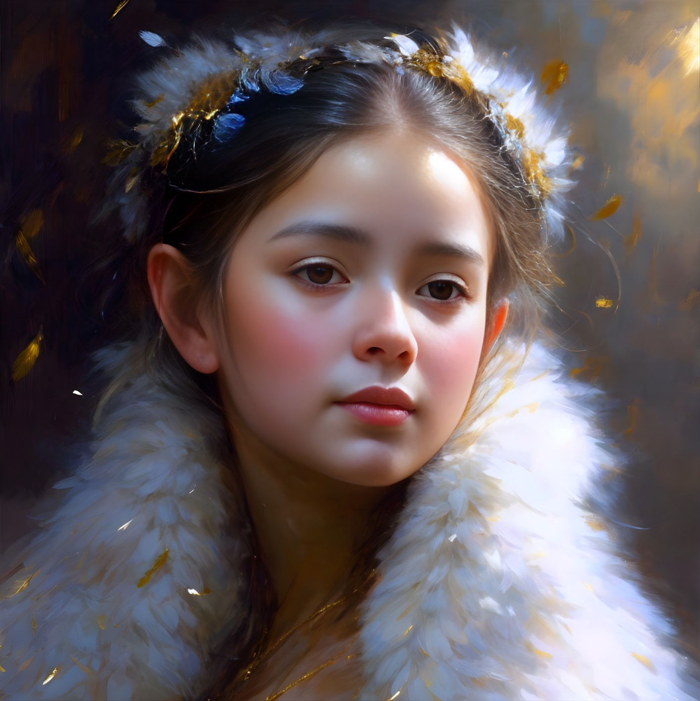 Young girl with fur collar and serene expression
