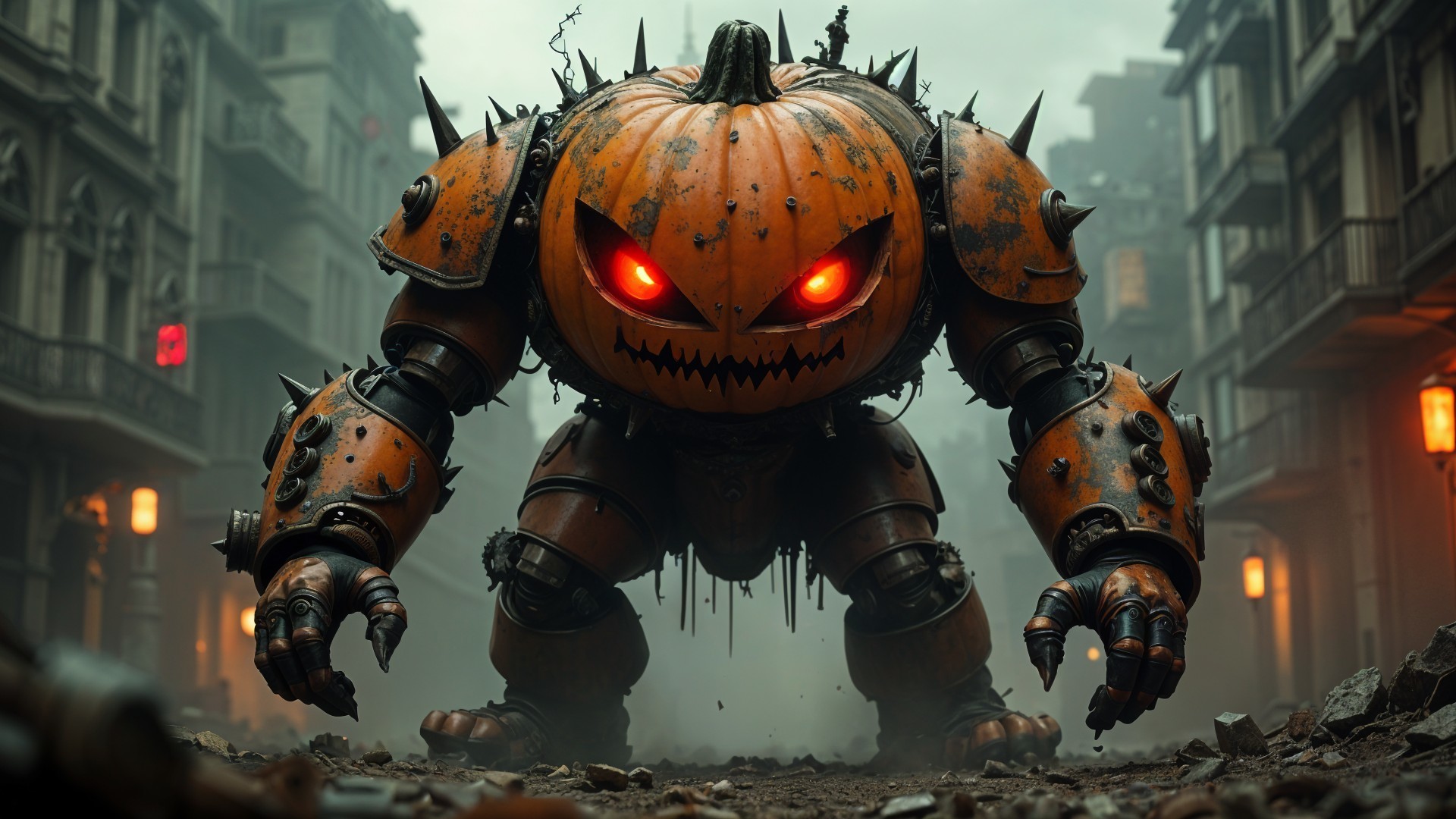 Colossal Robotic Jack-o'-Lantern in Abandoned Street